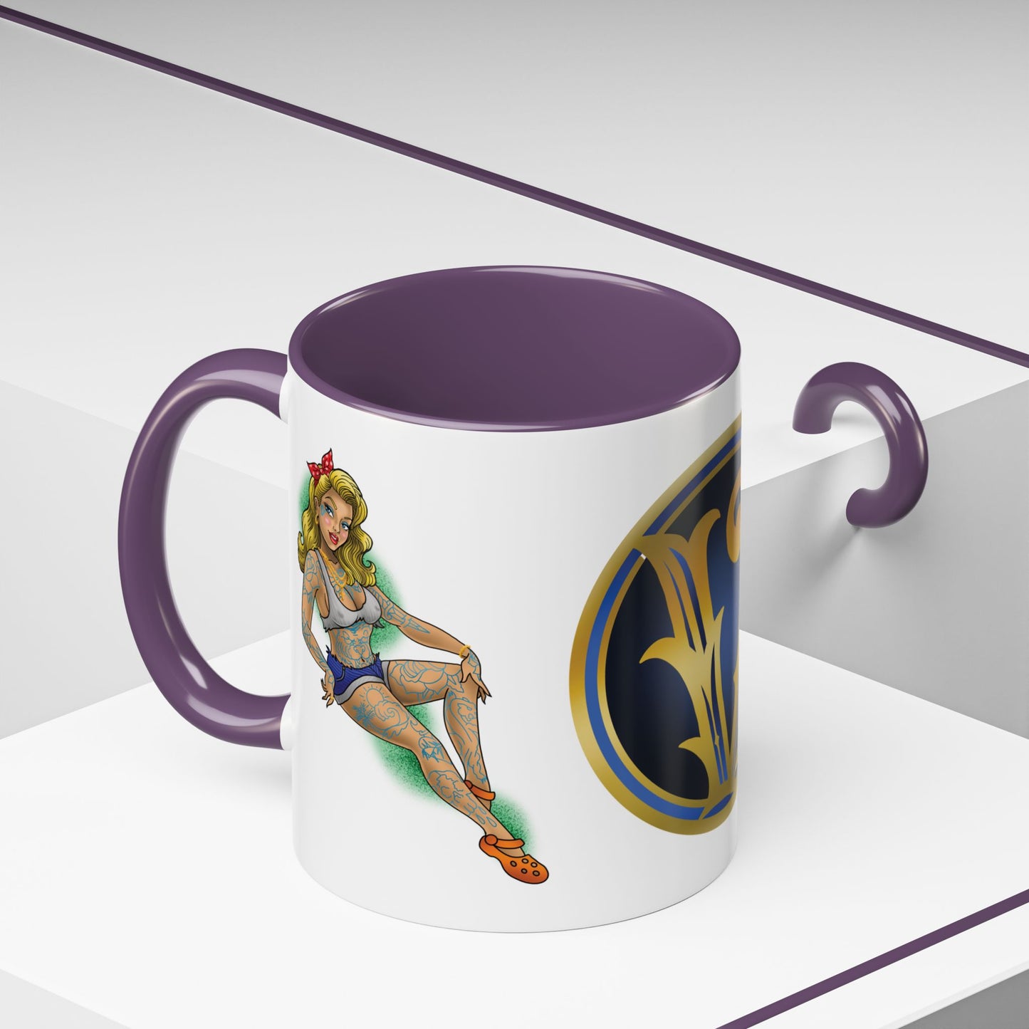 Vintage Pin-Up Coffee Mug with Gold Monogram V — Retro Tattoo Style Accent Mug (11/15oz)