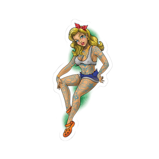 Tattooed Pin-Up Girl Kiss-Cut Sticker — Retro Punk Laptop Decal