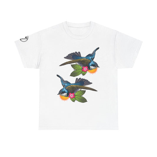 Bird Skull & Swallow Art Tee — Vibrant Blue Bird Illustration T-Shirt