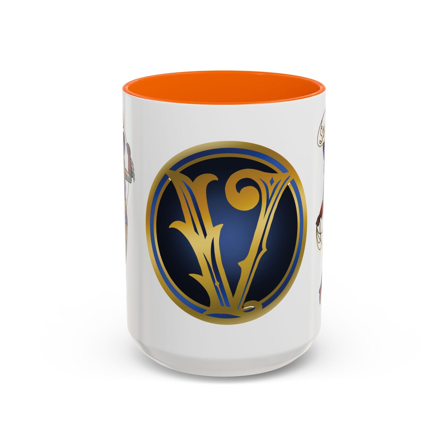Accent Coffee Mug — Vintage Gold 'V' Monogram & Pin-Up Cowgirl Illustration (11oz/15oz)