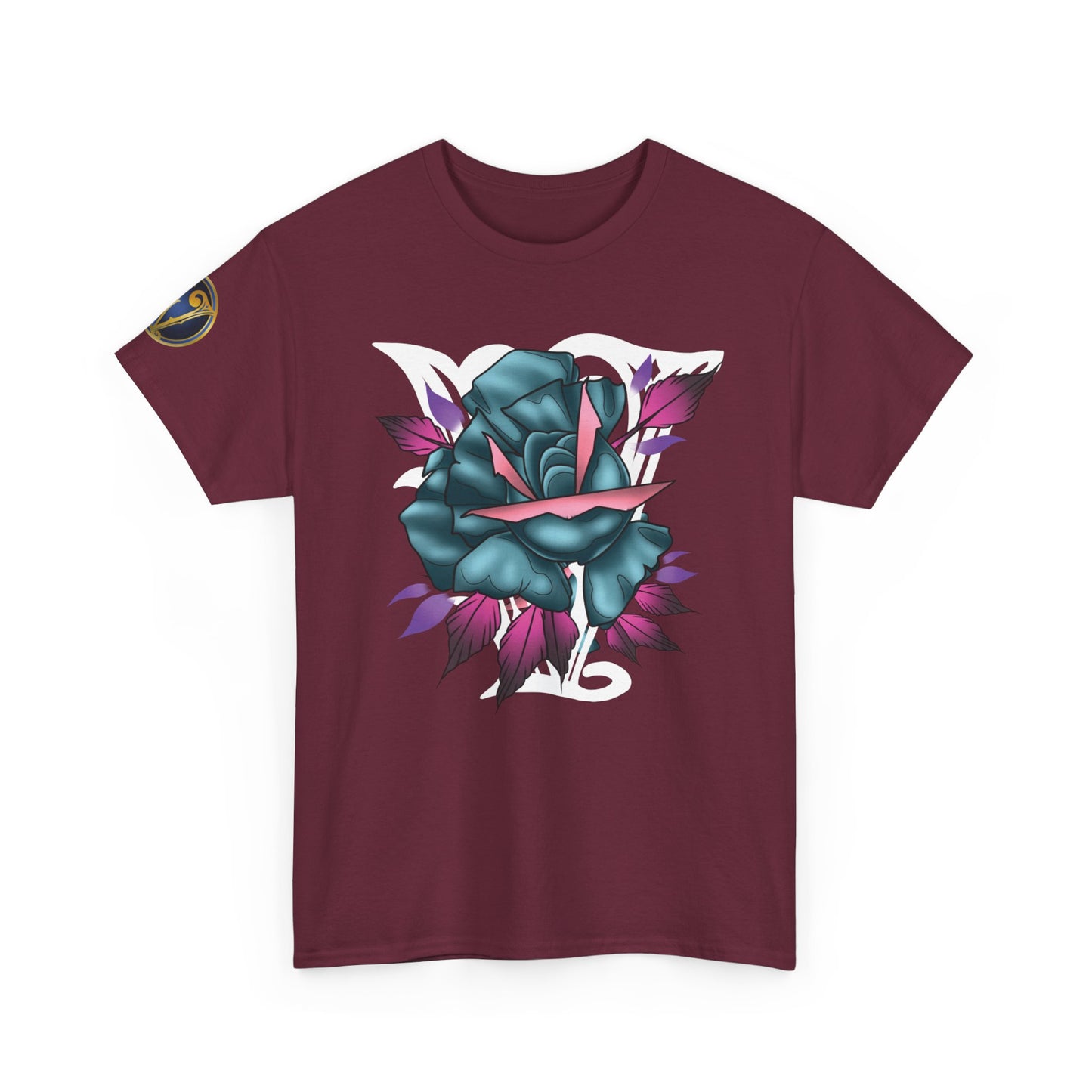 Blue & Pink Rose Graphic Tee — Vintage Floral Tattoo Shirt