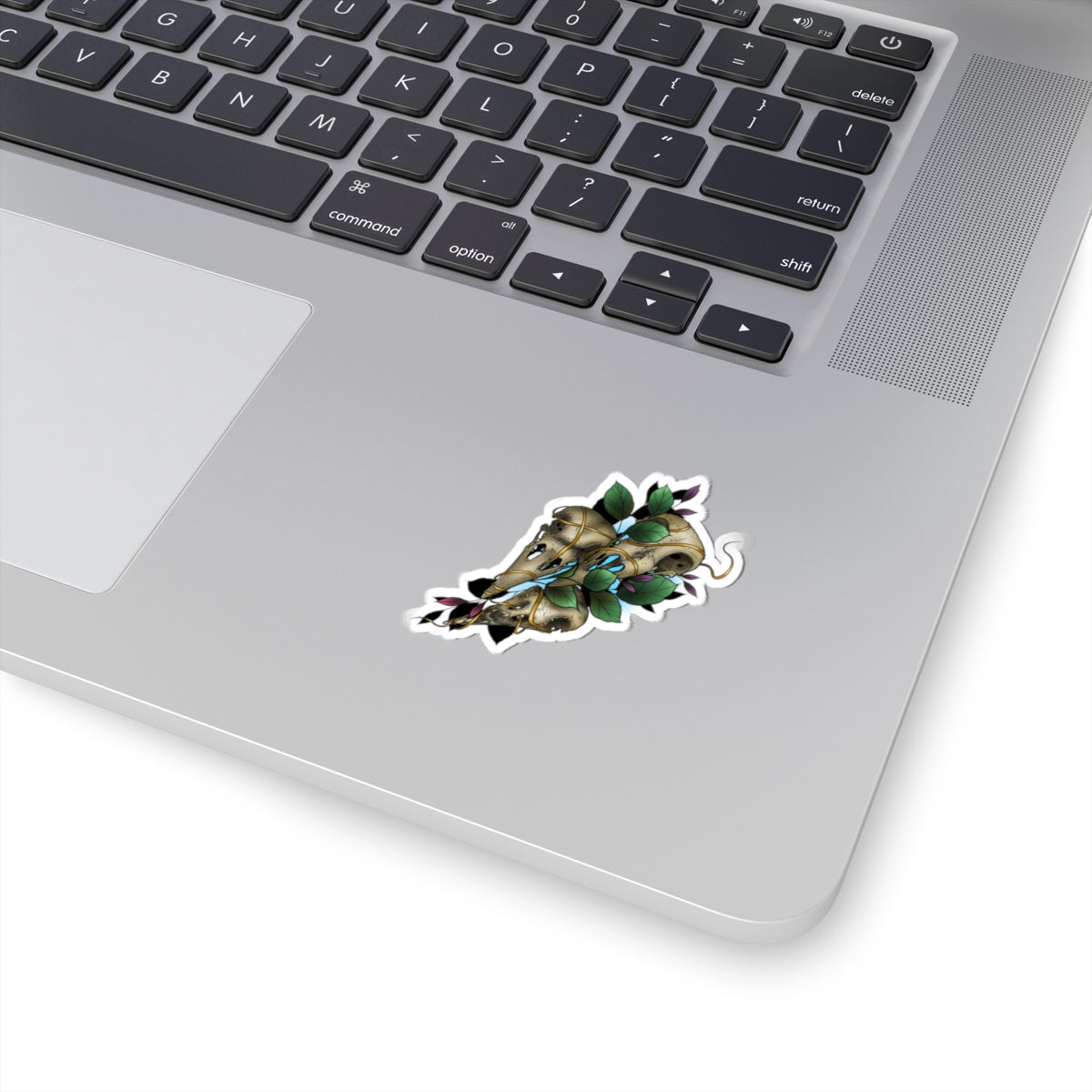 Skull & Vines Kiss-Cut Sticker — Botanical Raven Skull Laptop Decal