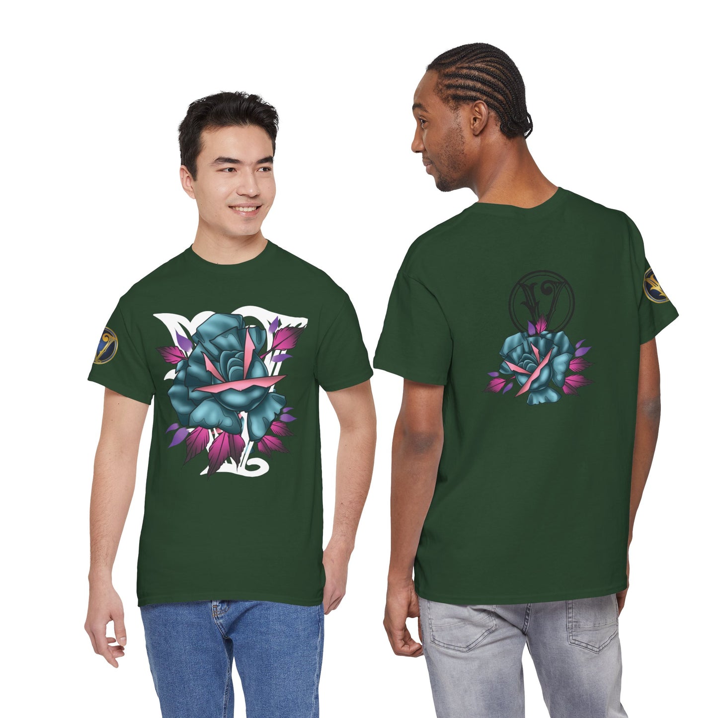 Blue & Pink Rose Graphic Tee — Vintage Floral Tattoo Shirt