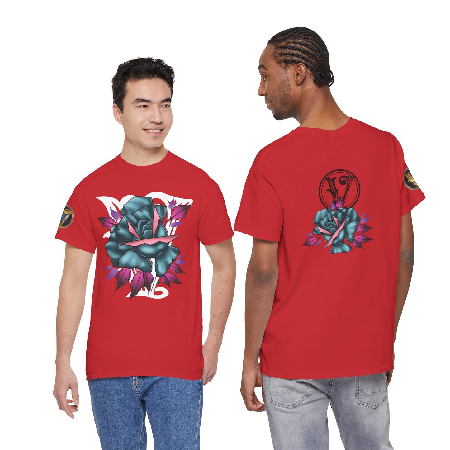 Blue & Pink Rose Graphic Tee — Vintage Floral Tattoo Shirt