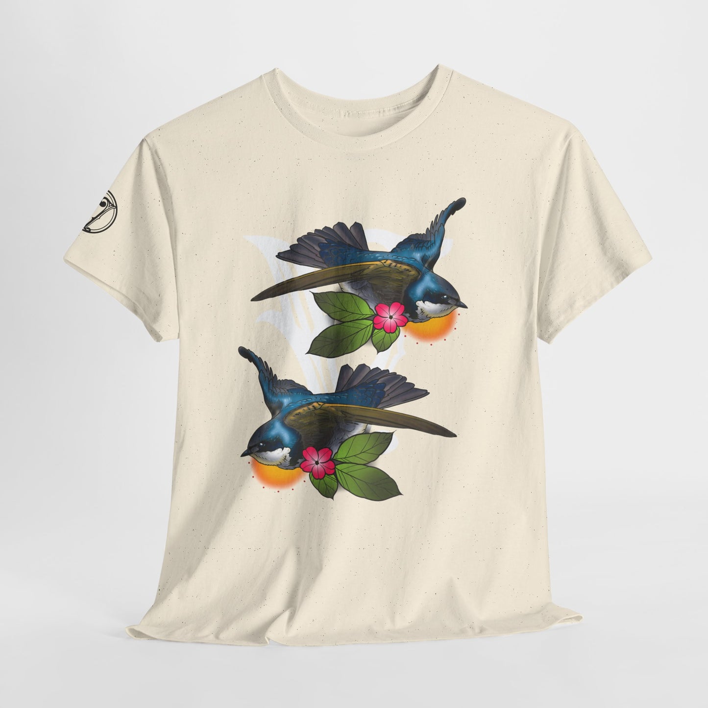 Bird Skull & Swallow Art Tee — Vibrant Blue Bird Illustration T-Shirt