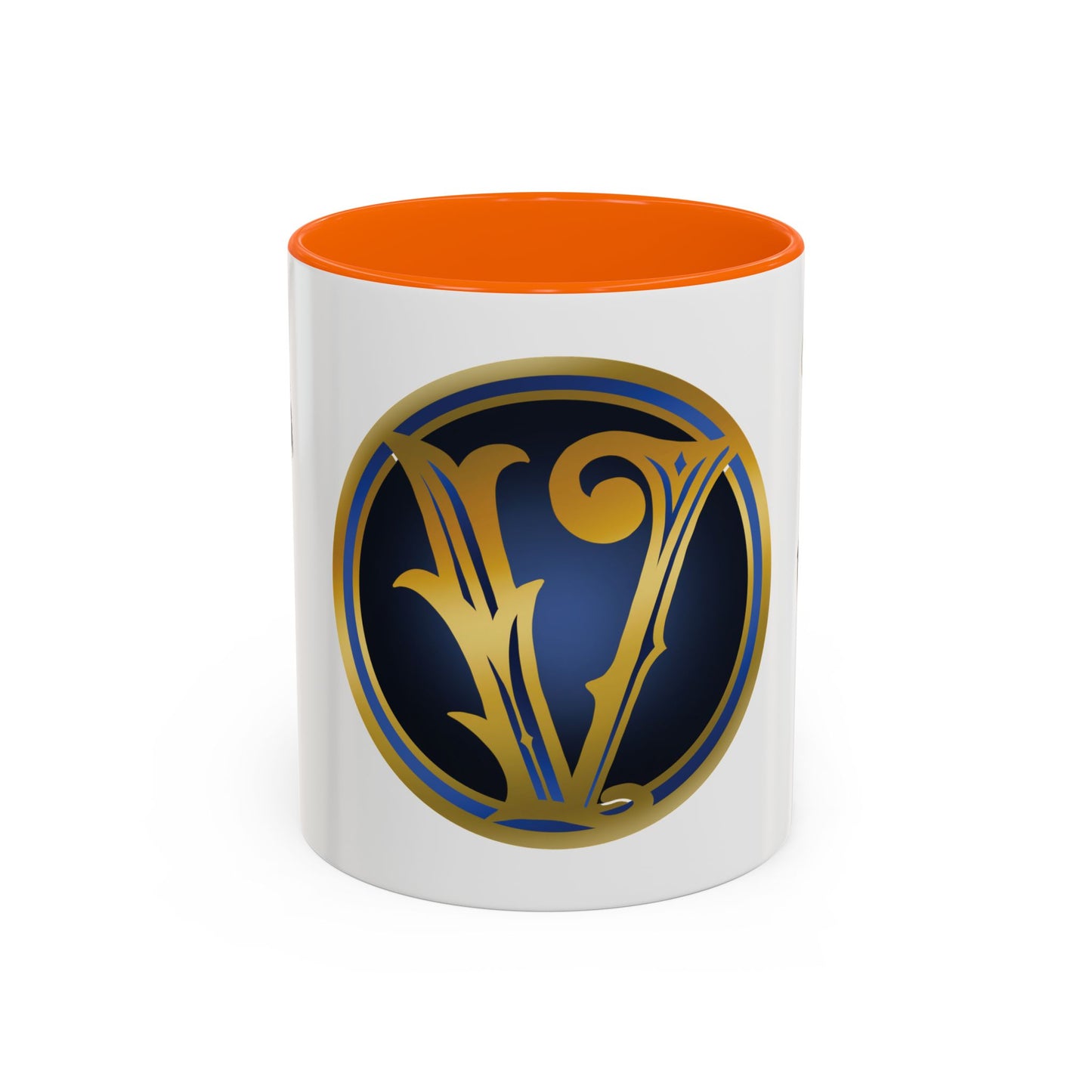 Accent Coffee Mug — Vintage Gold 'V' Monogram & Pin-Up Cowgirl Illustration (11oz/15oz)