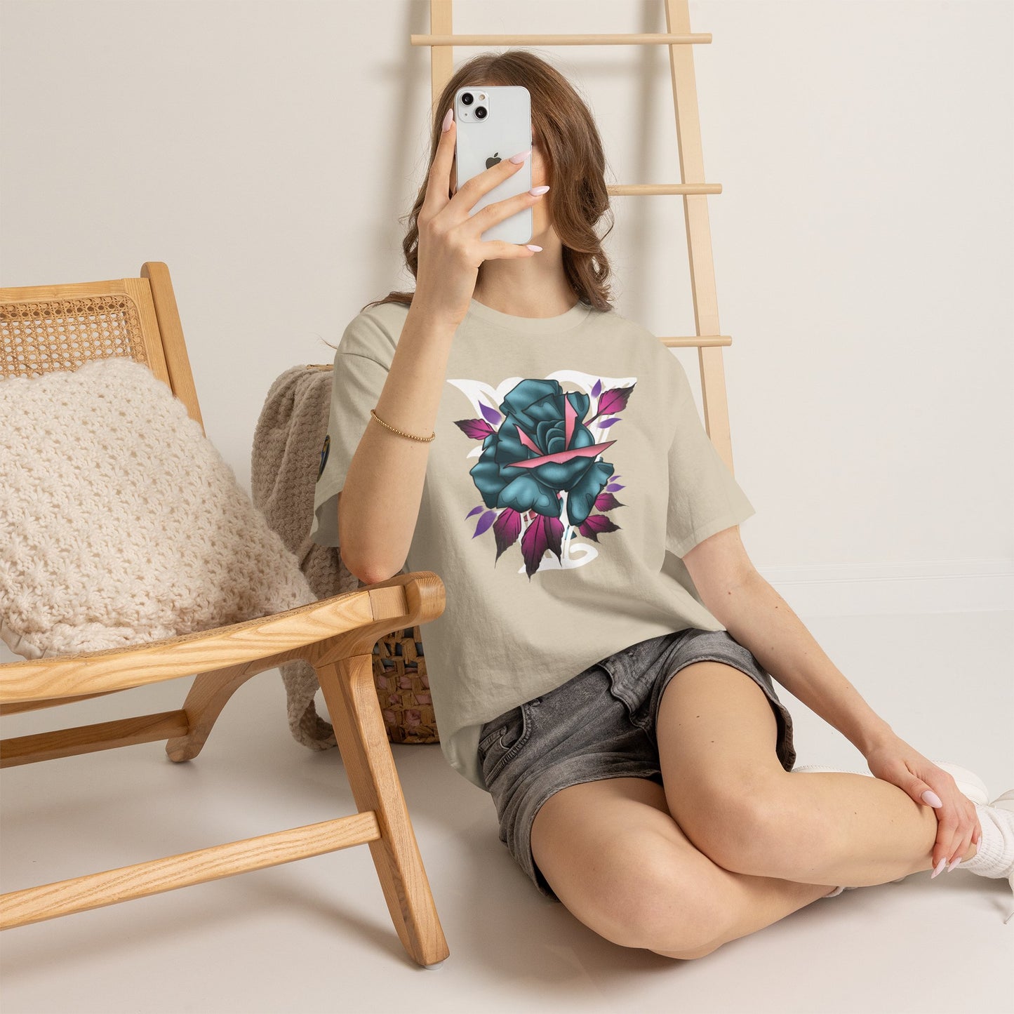 Blue & Pink Rose Graphic Tee — Vintage Floral Tattoo Shirt