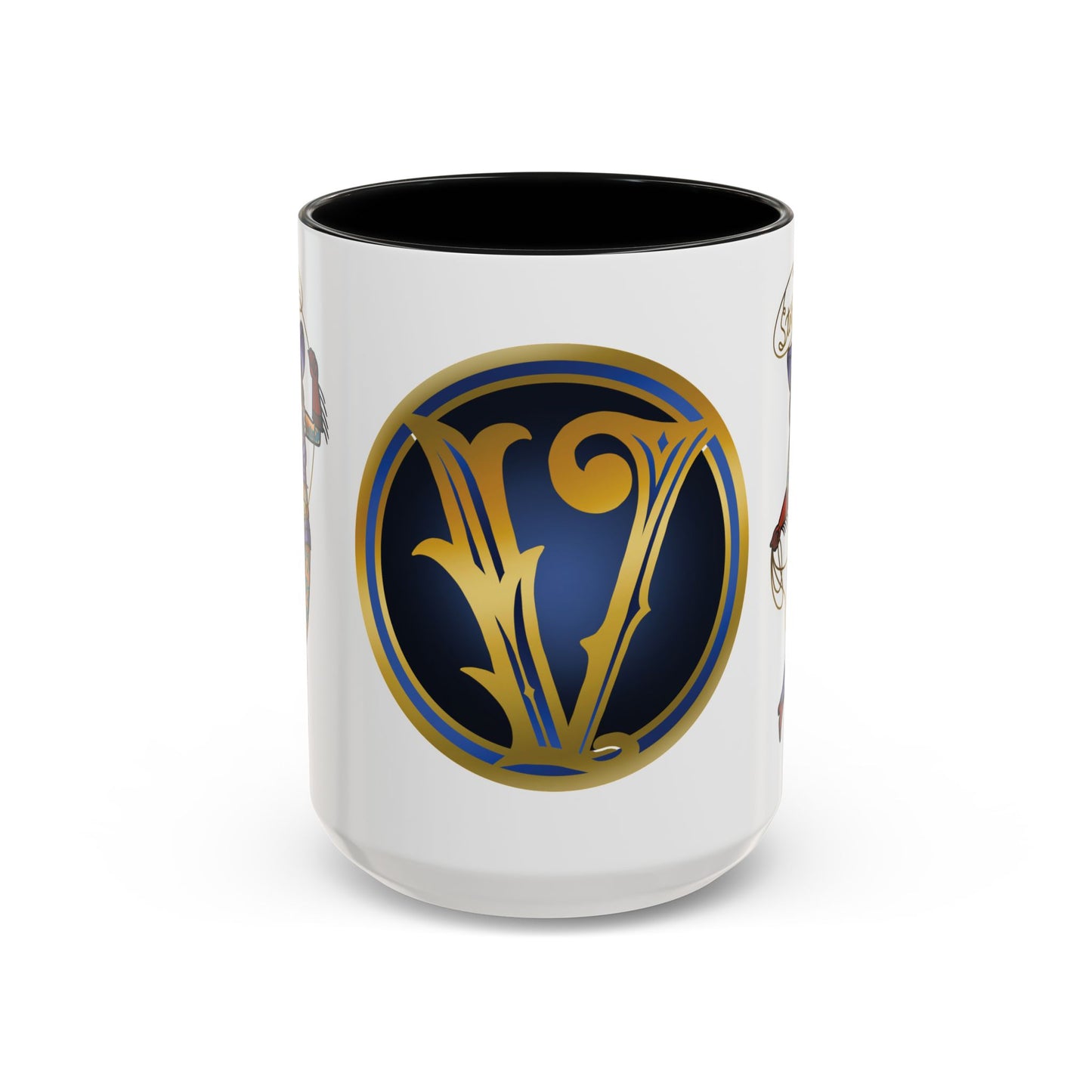 Accent Coffee Mug — Vintage Gold 'V' Monogram & Pin-Up Cowgirl Illustration (11oz/15oz)