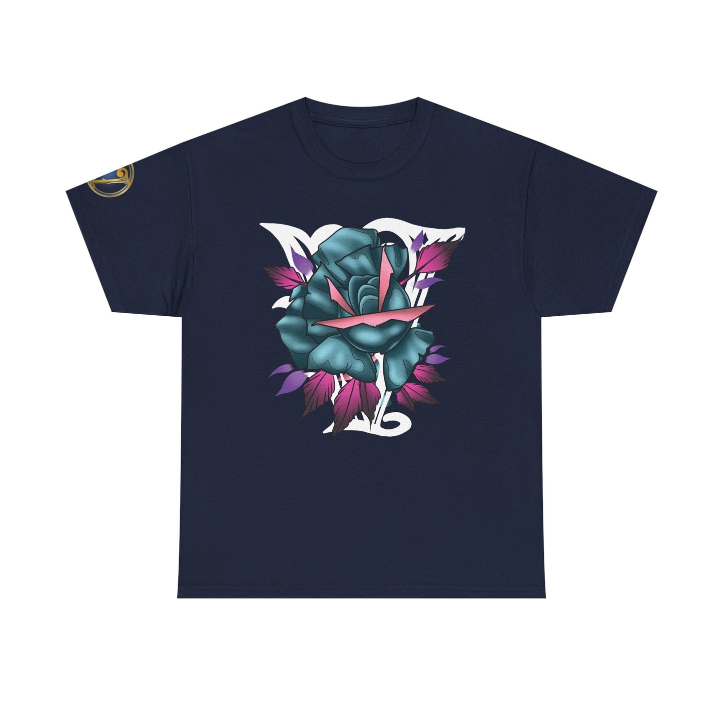 Blue & Pink Rose Graphic Tee — Vintage Floral Tattoo Shirt