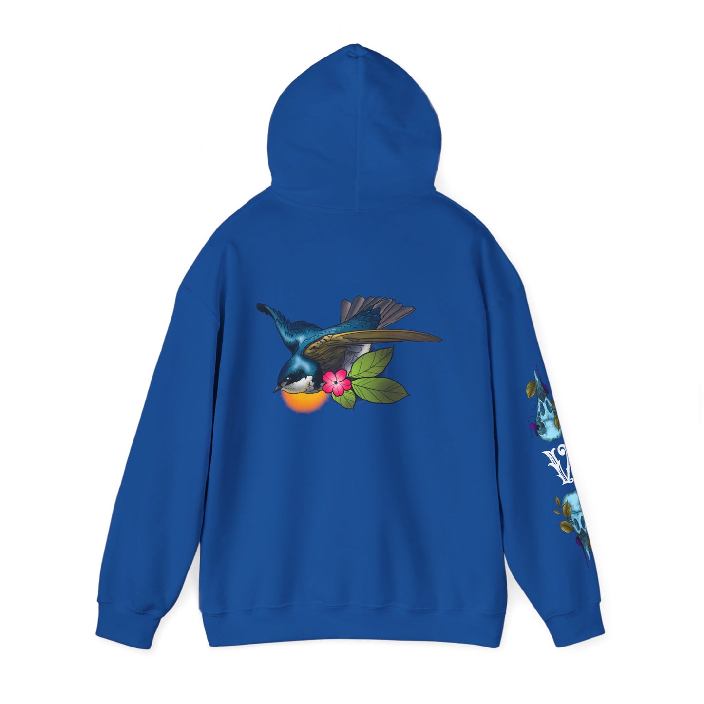 Swallow & Blossom Hoodie – Blue Bird Floral Graphic Sweatshirt