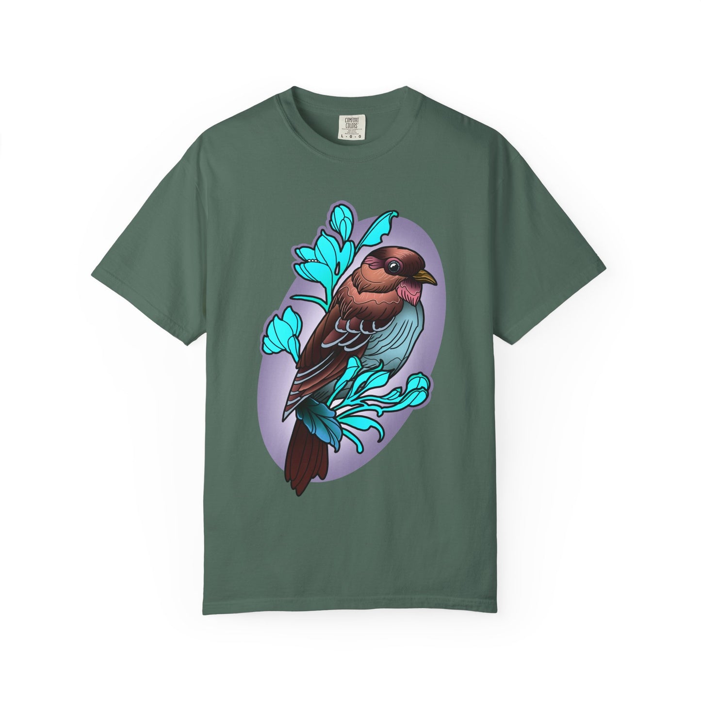 Bird Illustration T-Shirt — Colorful Sparrow on Floral Branch Tee
