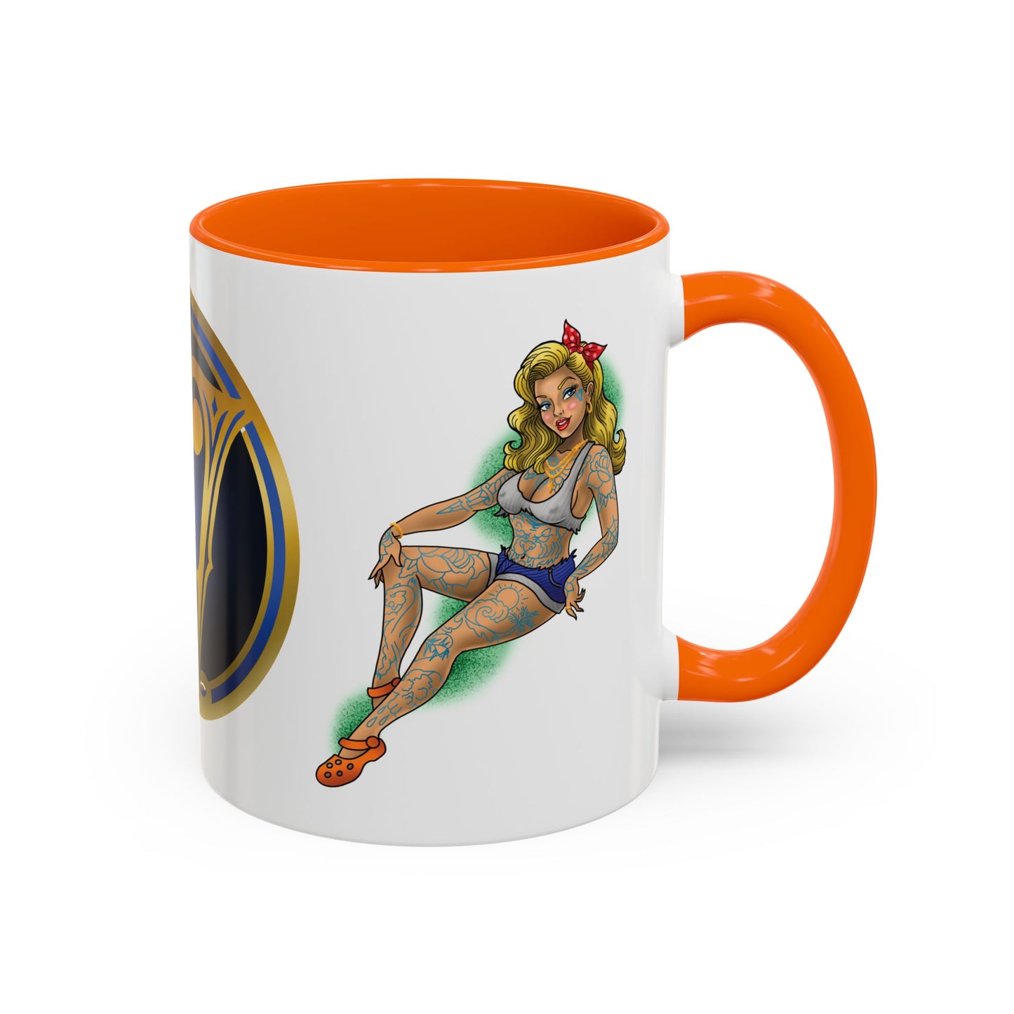 Vintage Pin-Up Coffee Mug with Gold Monogram V — Retro Tattoo Style Accent Mug (11/15oz)