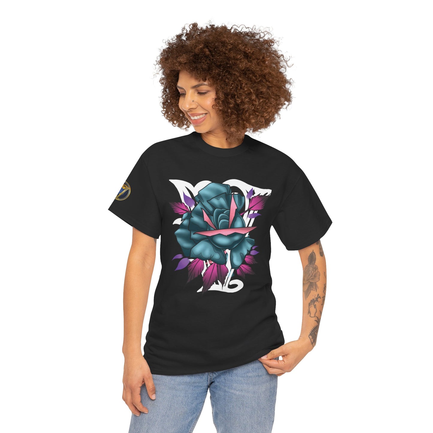 Blue & Pink Rose Graphic Tee — Vintage Floral Tattoo Shirt