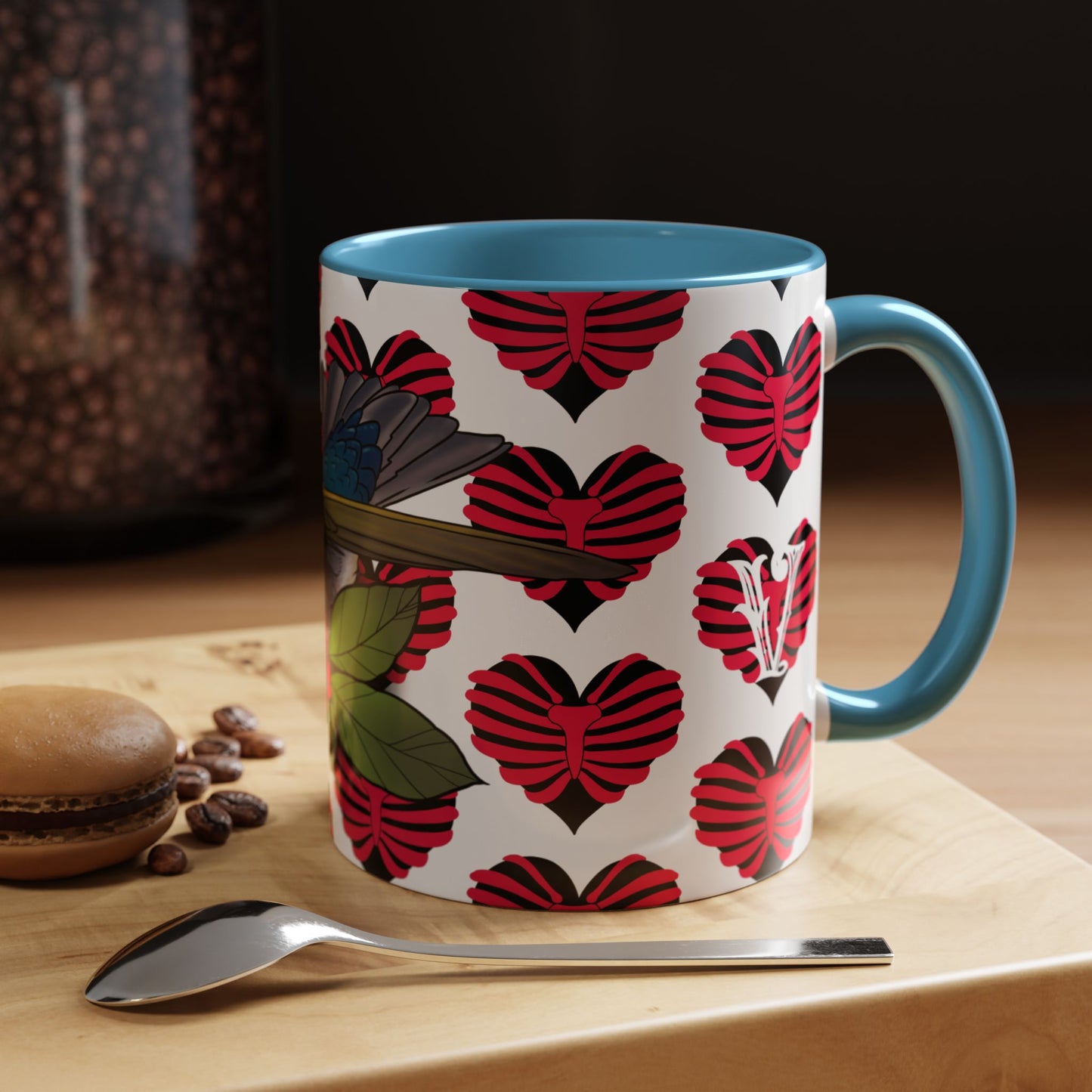 Bird & Hearts Accent Coffee Mug – Colorful Songbird Pattern (11/15oz)