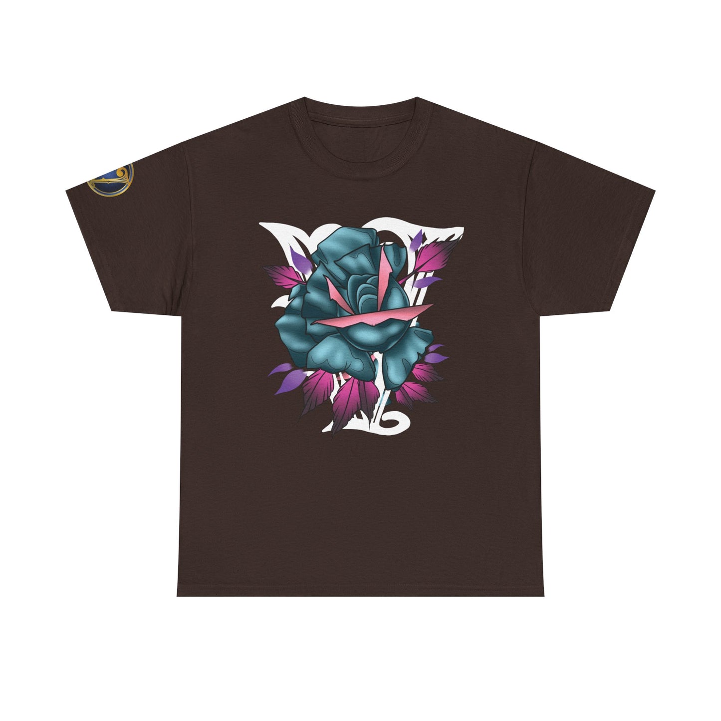 Blue & Pink Rose Graphic Tee — Vintage Floral Tattoo Shirt