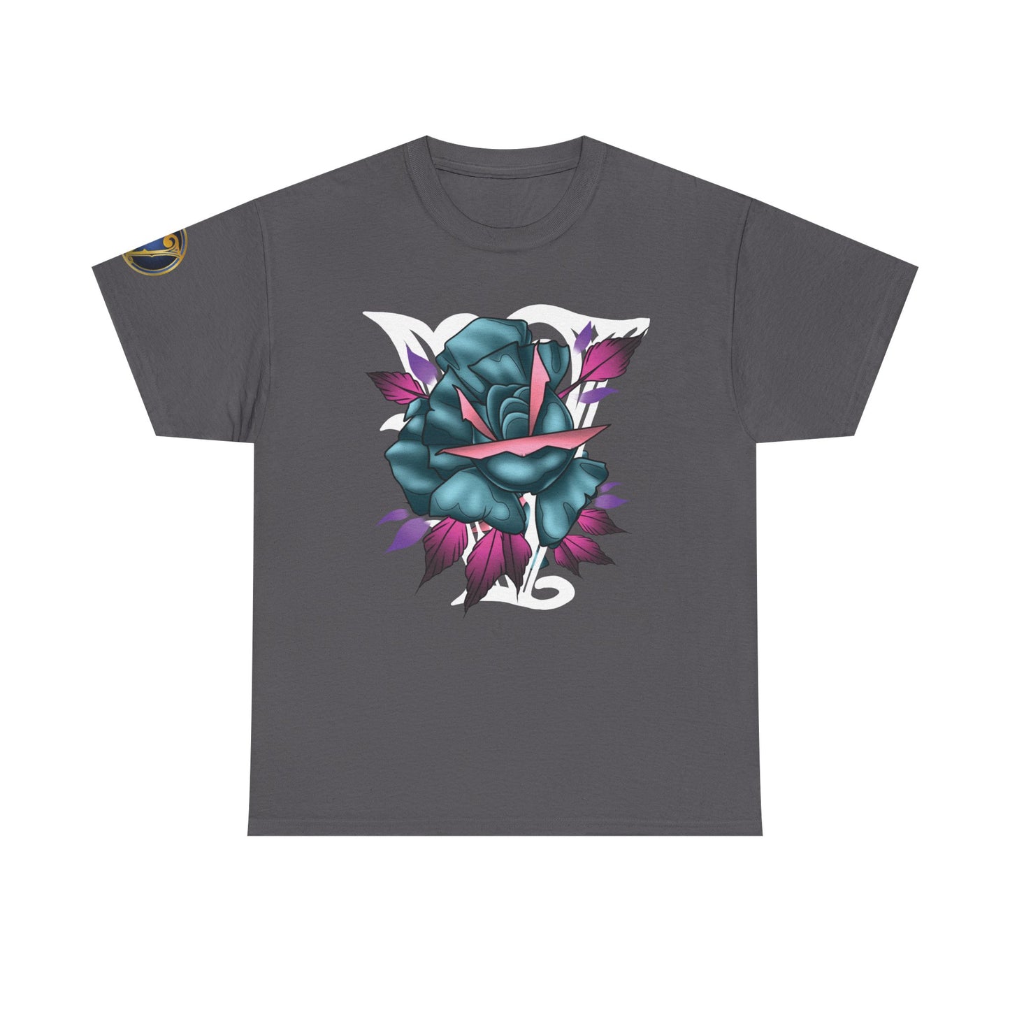 Blue & Pink Rose Graphic Tee — Vintage Floral Tattoo Shirt