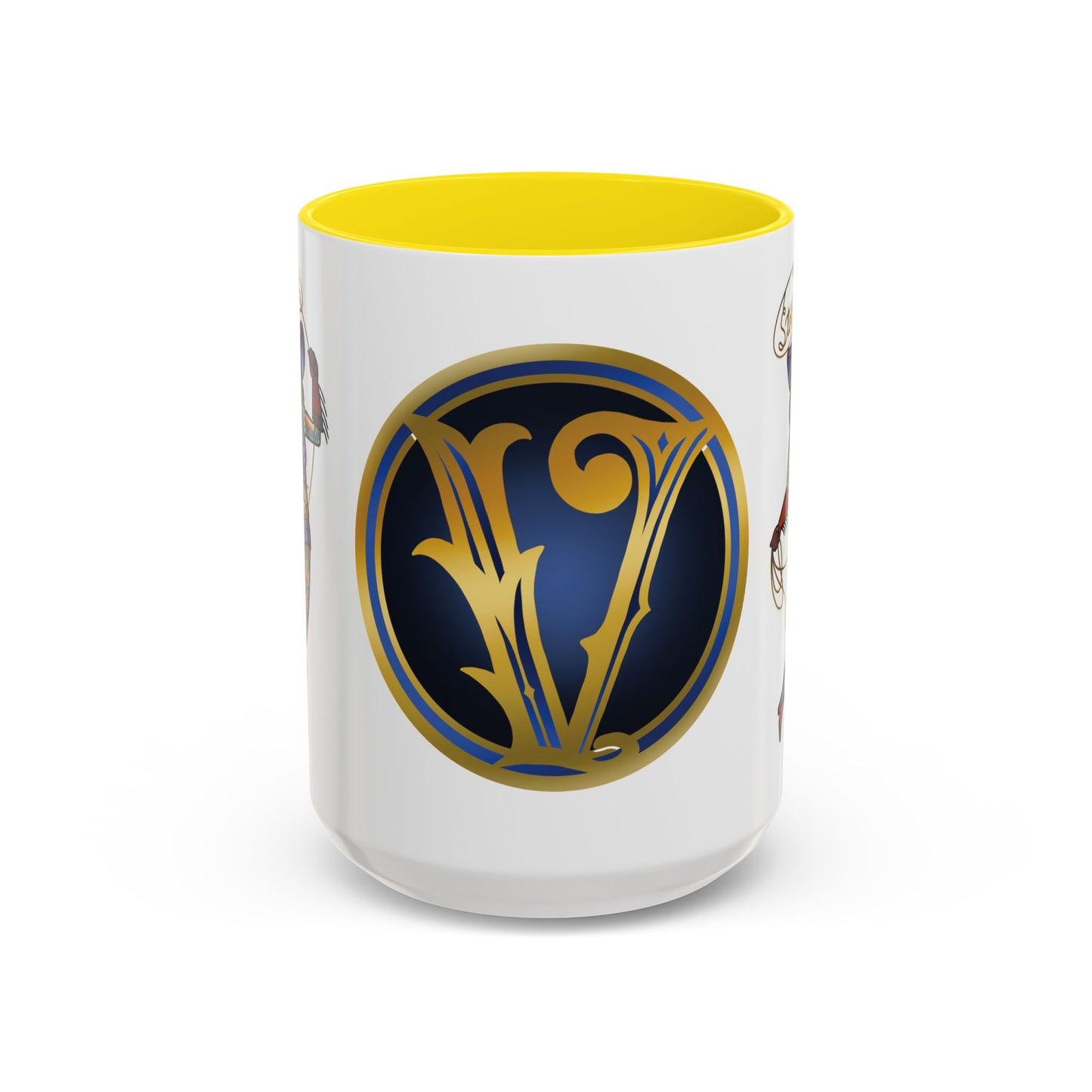 Accent Coffee Mug — Vintage Gold 'V' Monogram & Pin-Up Cowgirl Illustration (11oz/15oz)