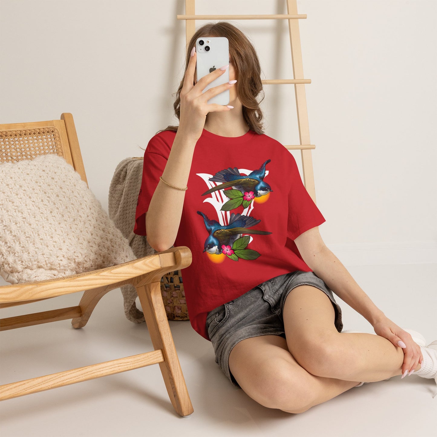 Bird Skull & Swallow Art Tee — Vibrant Blue Bird Illustration T-Shirt