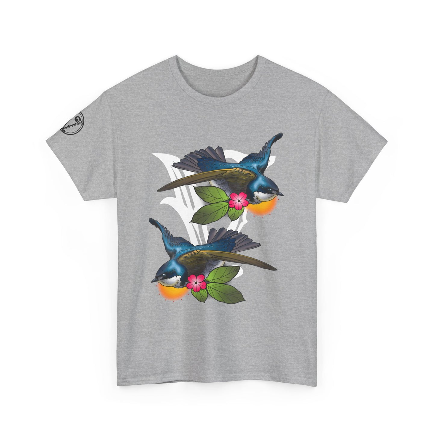 Bird Skull & Swallow Art Tee — Vibrant Blue Bird Illustration T-Shirt