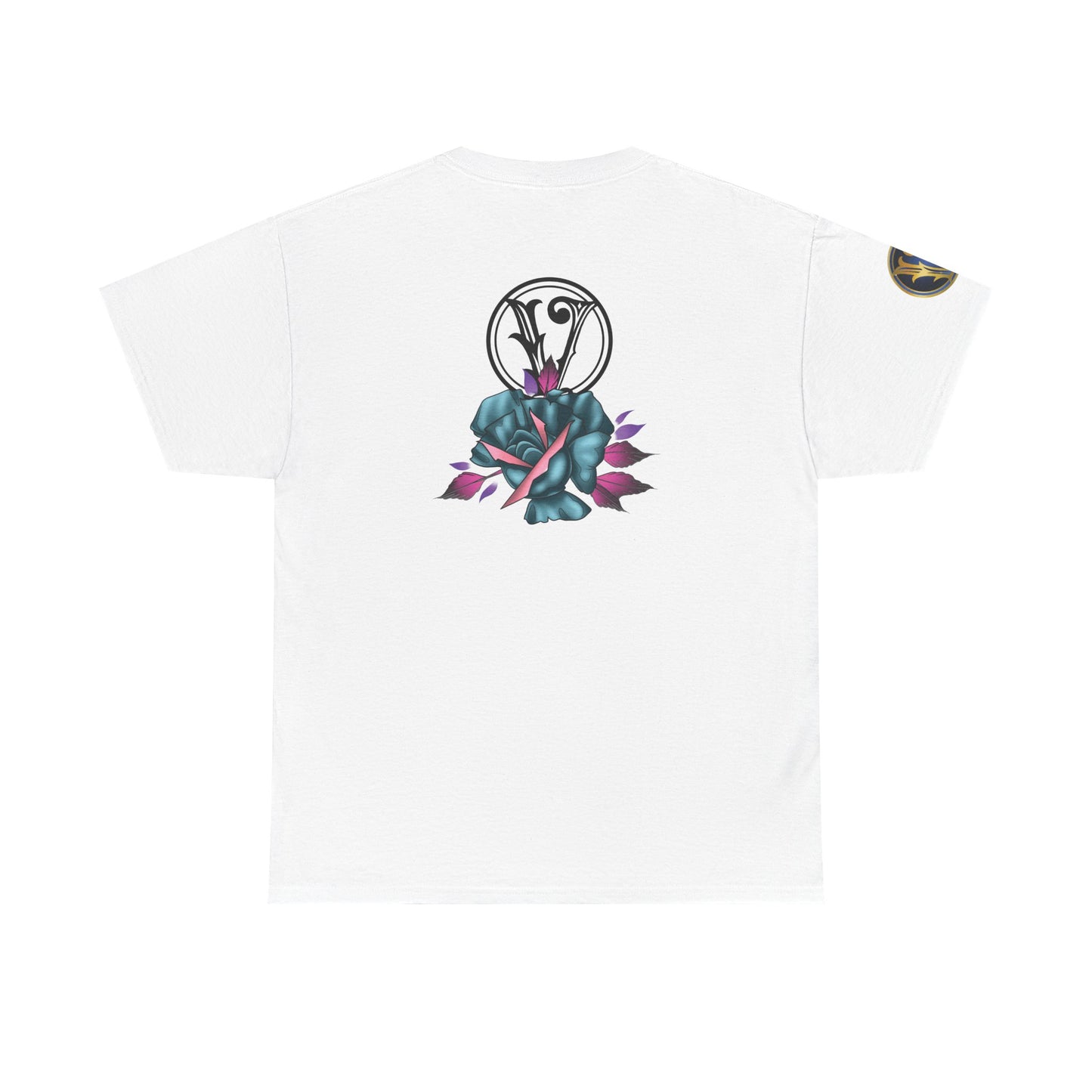 Blue & Pink Rose Graphic Tee — Vintage Floral Tattoo Shirt