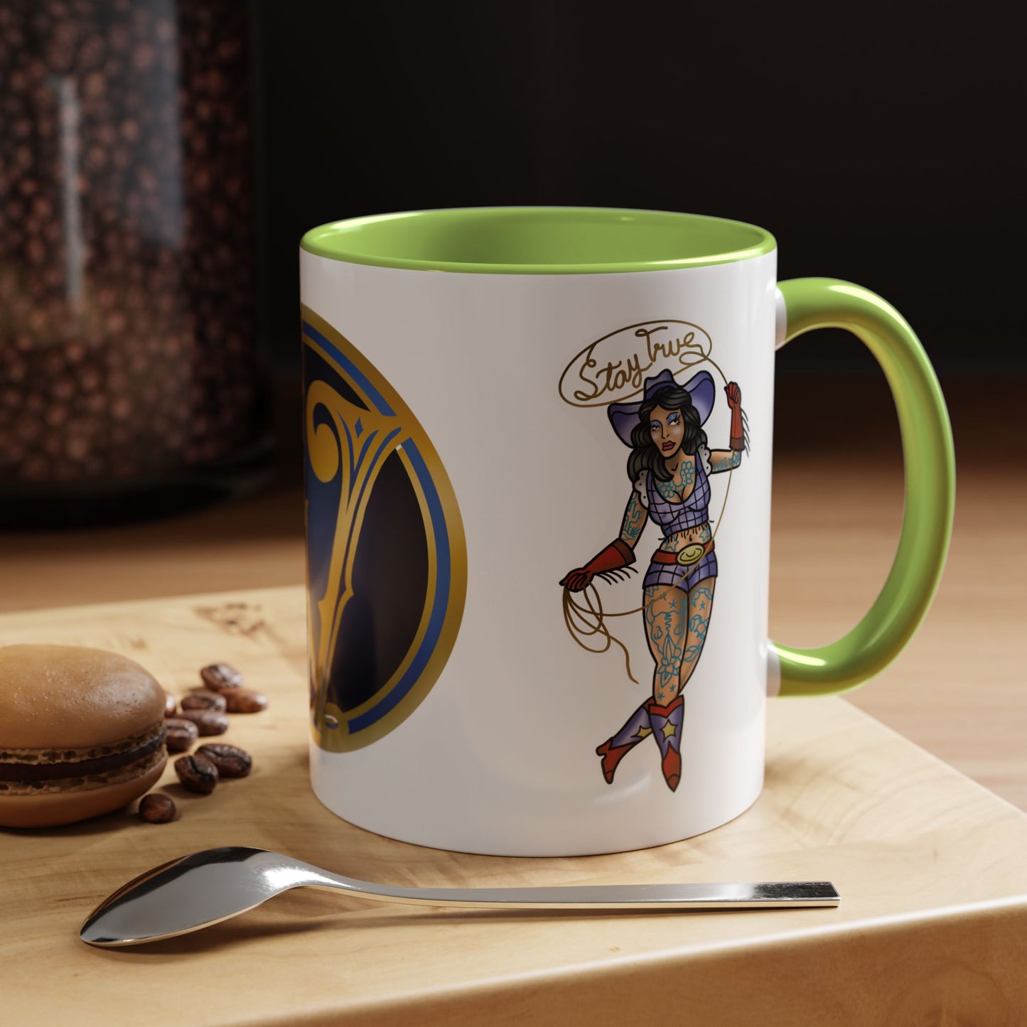 Accent Coffee Mug — Vintage Gold 'V' Monogram & Pin-Up Cowgirl Illustration (11oz/15oz)