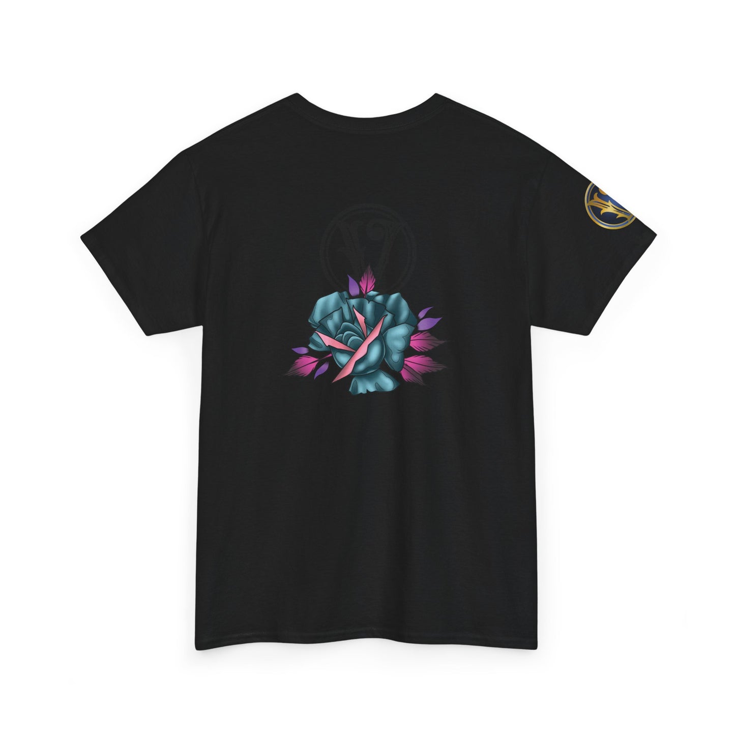 Blue & Pink Rose Graphic Tee — Vintage Floral Tattoo Shirt