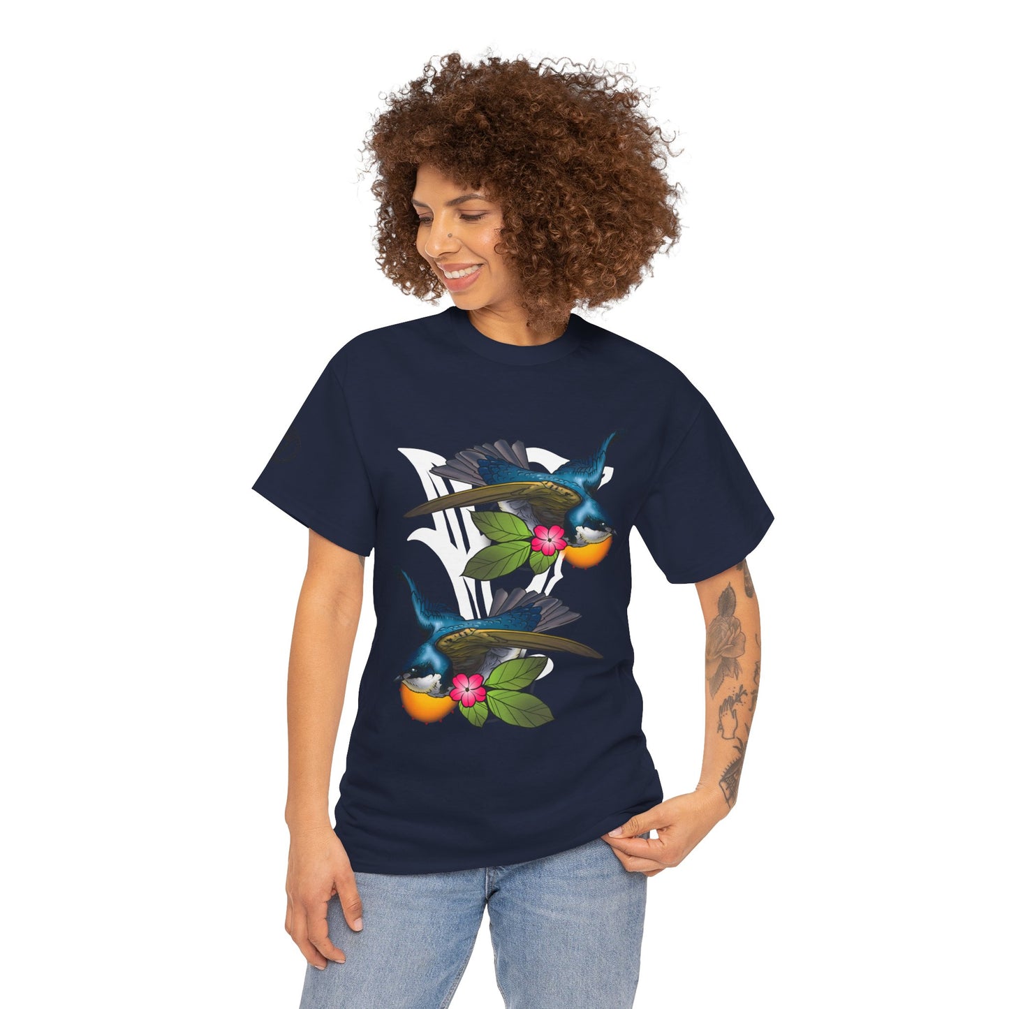 Bird Skull & Swallow Art Tee — Vibrant Blue Bird Illustration T-Shirt