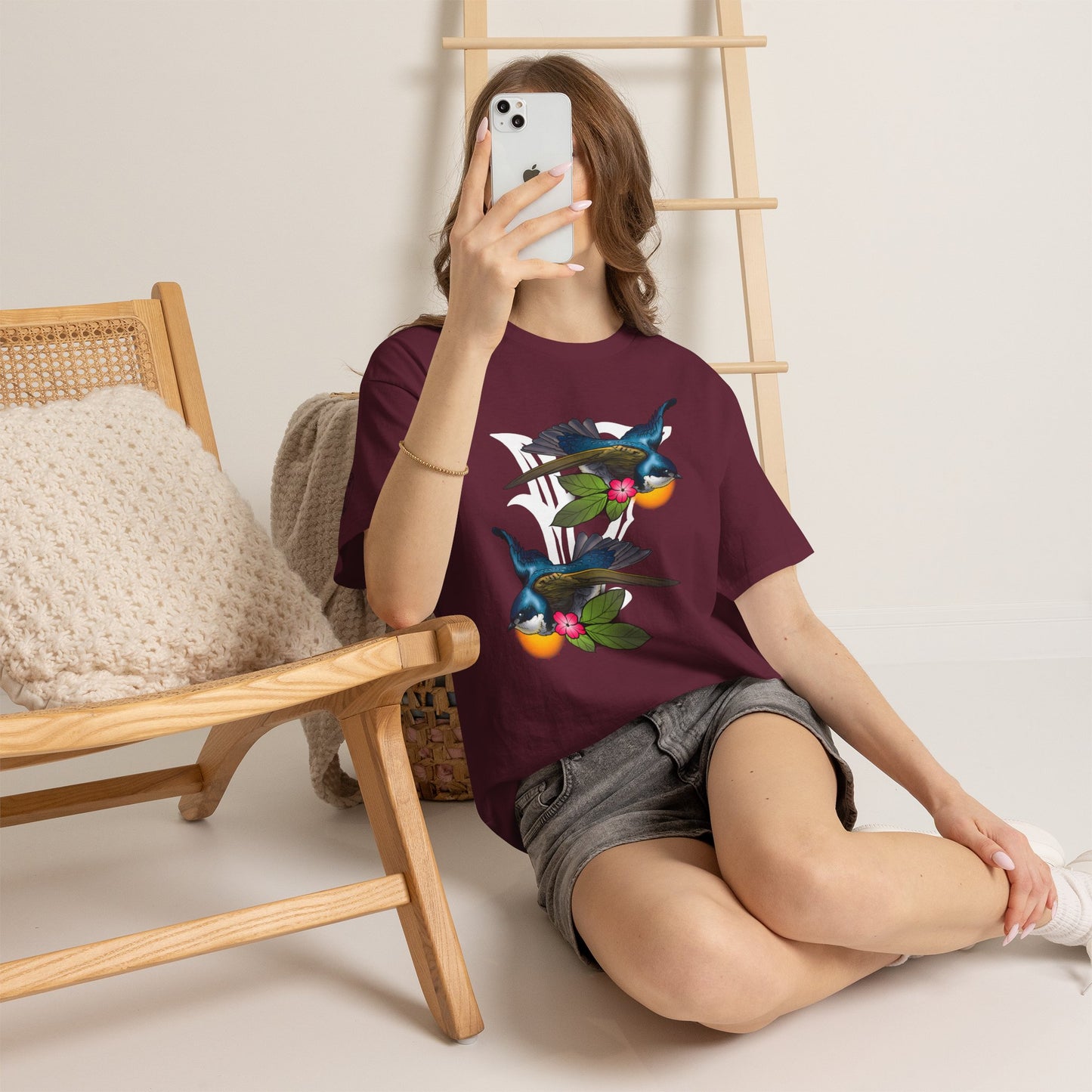 Bird Skull & Swallow Art Tee — Vibrant Blue Bird Illustration T-Shirt