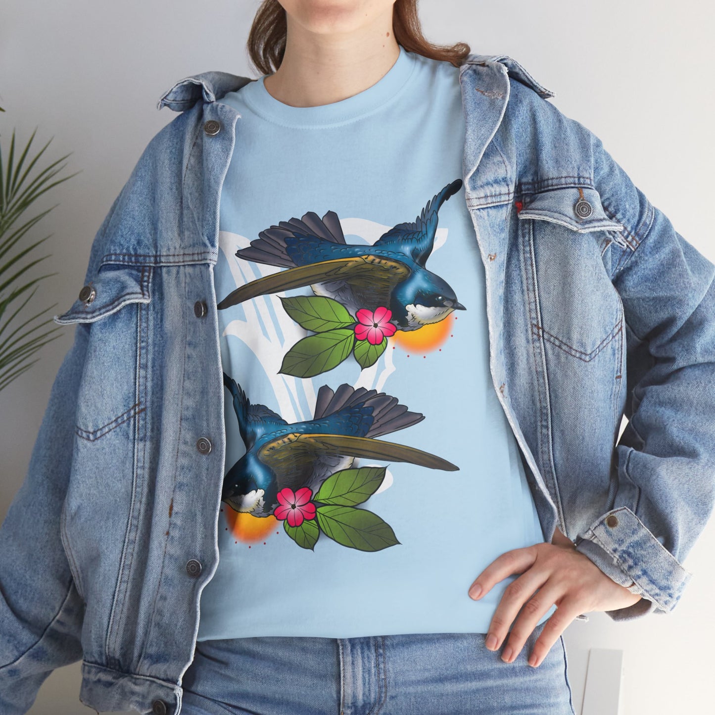 Bird Skull & Swallow Art Tee — Vibrant Blue Bird Illustration T-Shirt