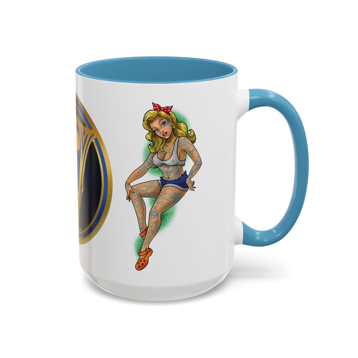 Vintage Pin-Up Coffee Mug with Gold Monogram V — Retro Tattoo Style Accent Mug (11/15oz)