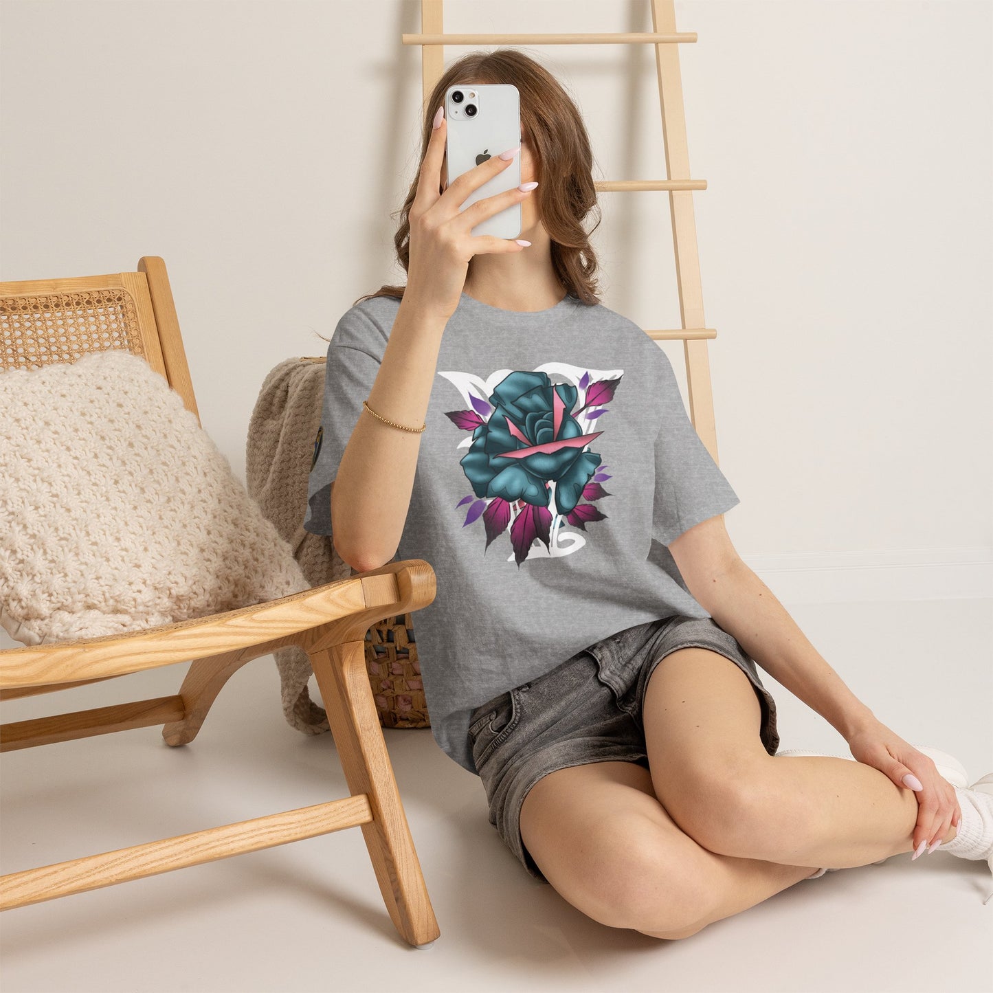 Blue & Pink Rose Graphic Tee — Vintage Floral Tattoo Shirt