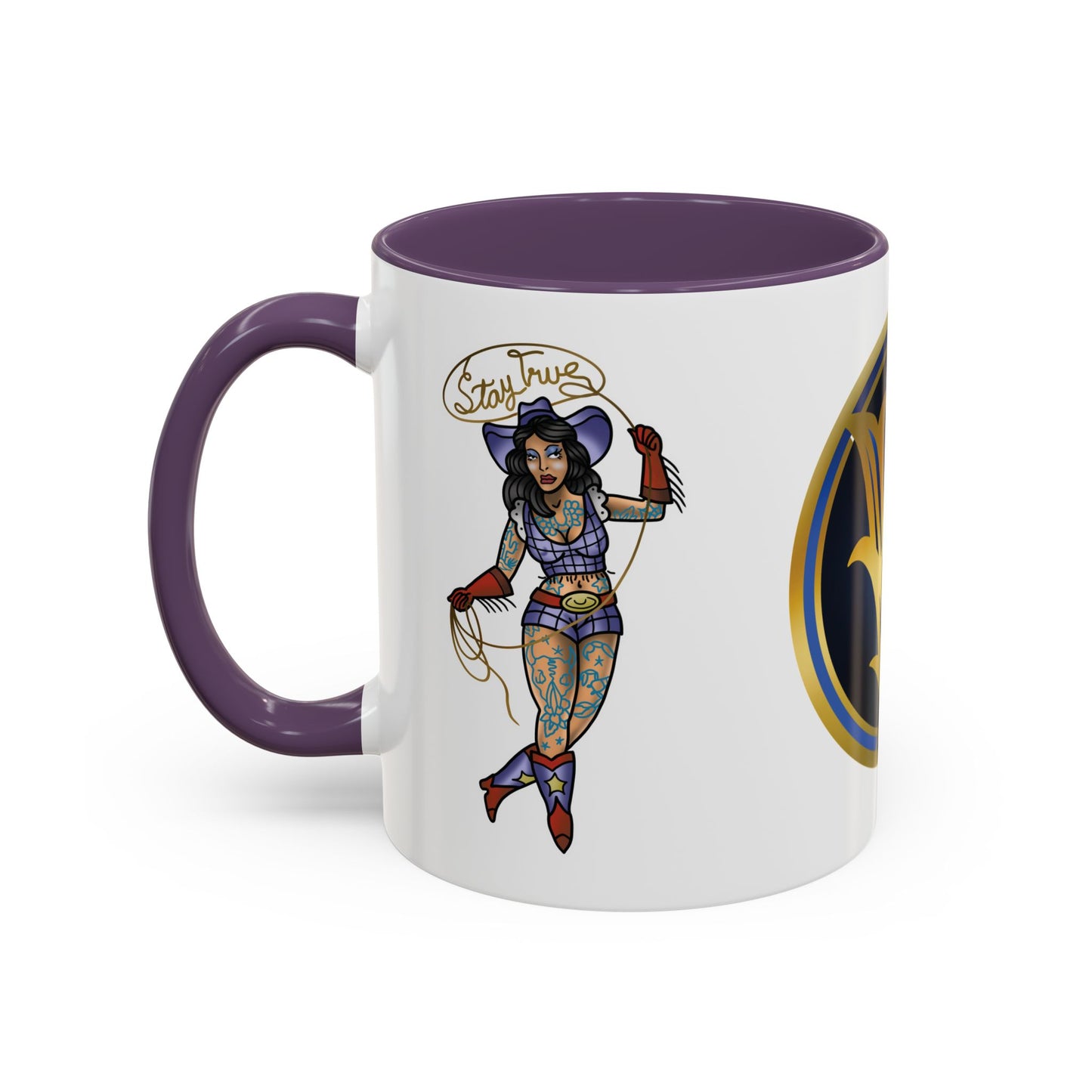 Accent Coffee Mug — Vintage Gold 'V' Monogram & Pin-Up Cowgirl Illustration (11oz/15oz)