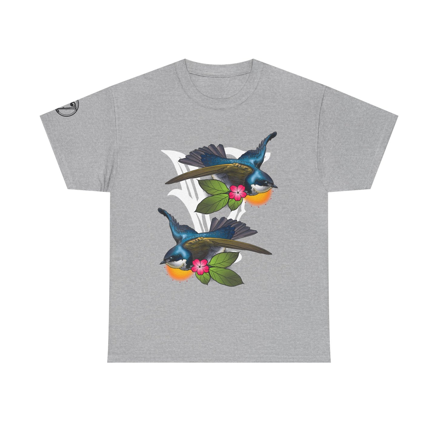 Bird Skull & Swallow Art Tee — Vibrant Blue Bird Illustration T-Shirt