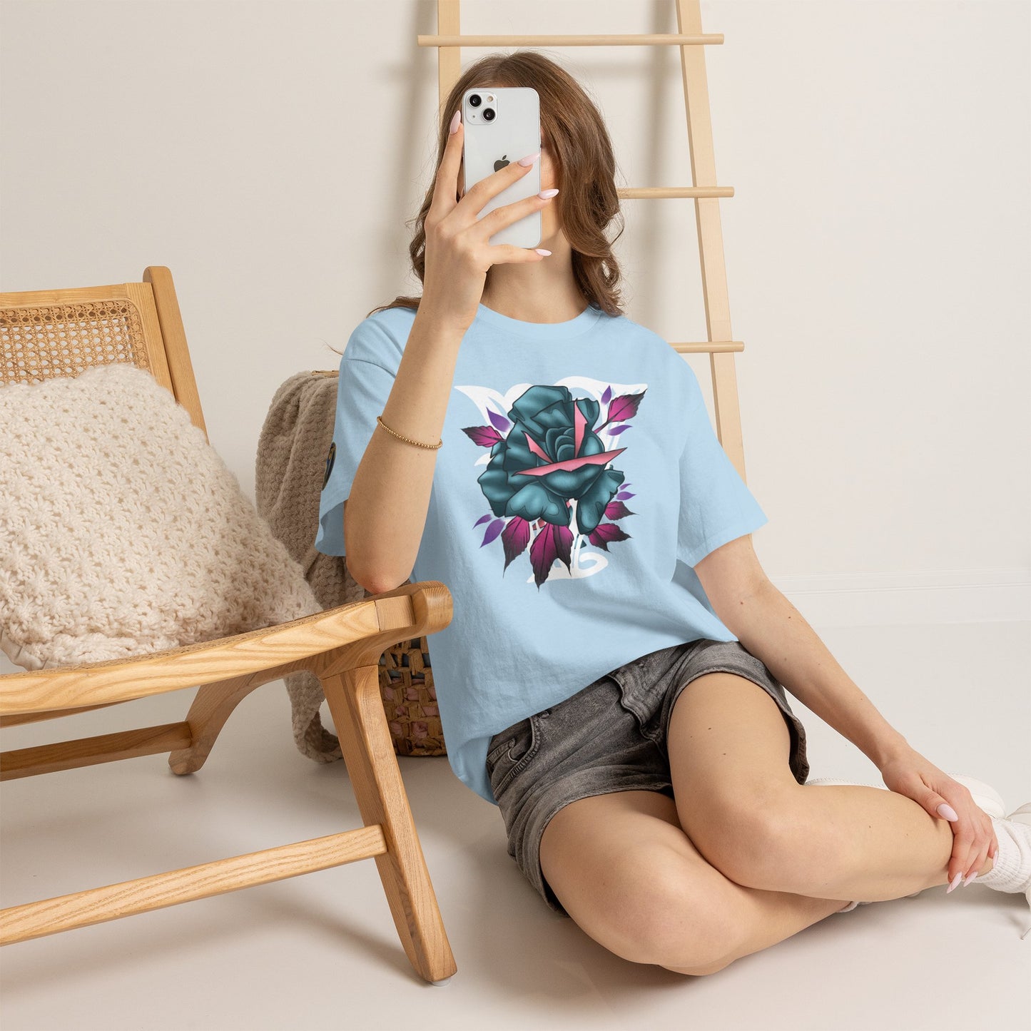 Blue & Pink Rose Graphic Tee — Vintage Floral Tattoo Shirt