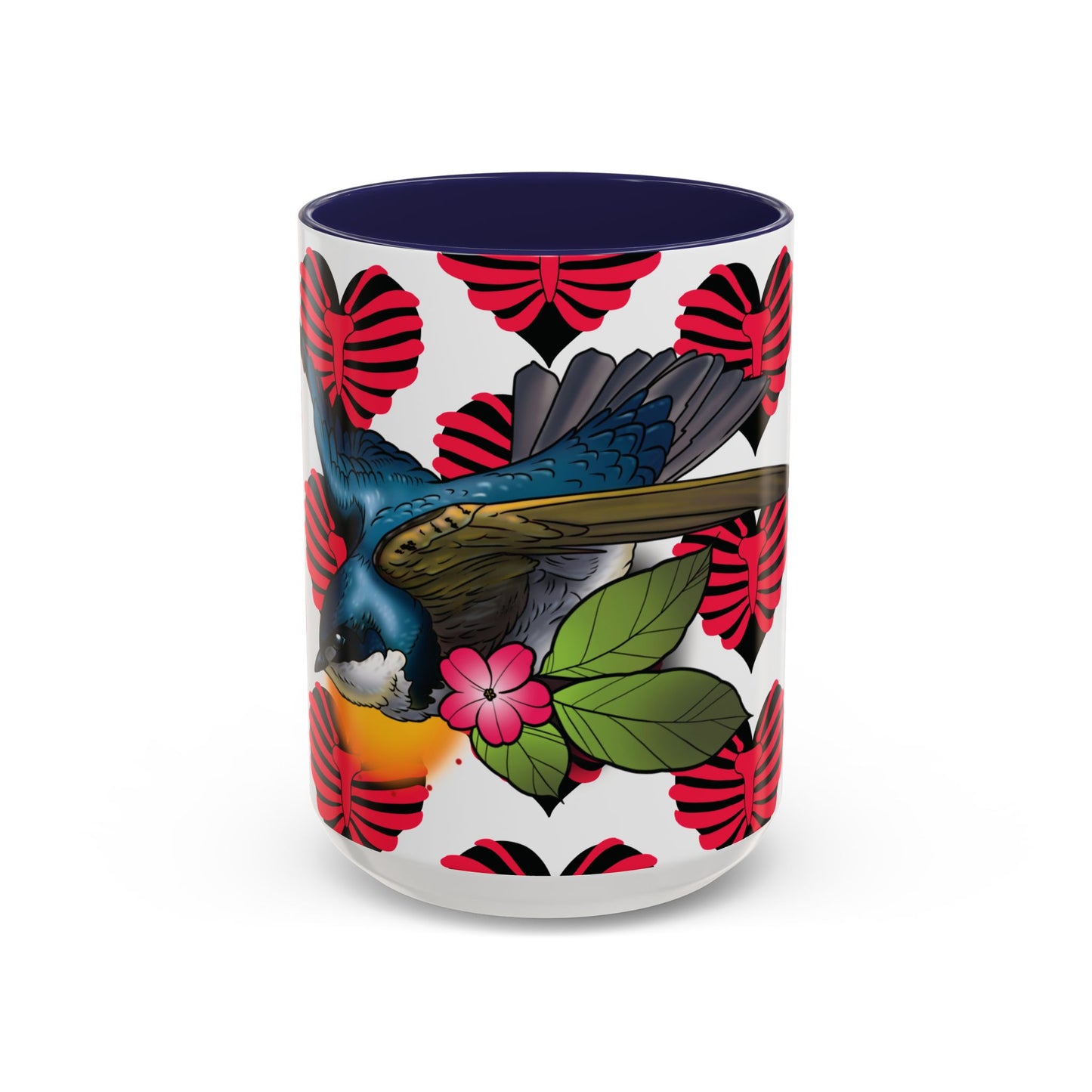 Bird & Hearts Accent Coffee Mug – Colorful Songbird Pattern (11/15oz)