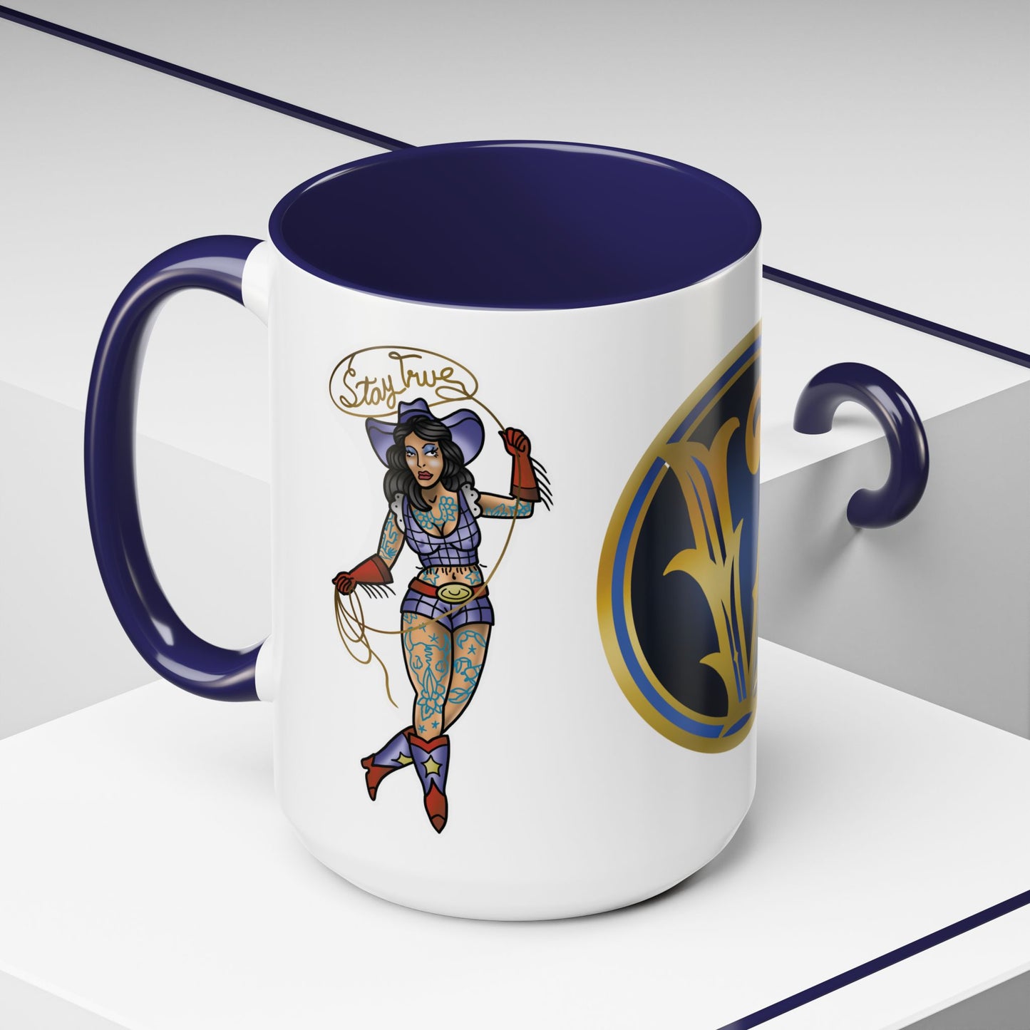 Accent Coffee Mug — Vintage Gold 'V' Monogram & Pin-Up Cowgirl Illustration (11oz/15oz)