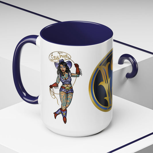 Accent Coffee Mug — Vintage Gold 'V' Monogram & Pin-Up Cowgirl Illustration (11oz/15oz)