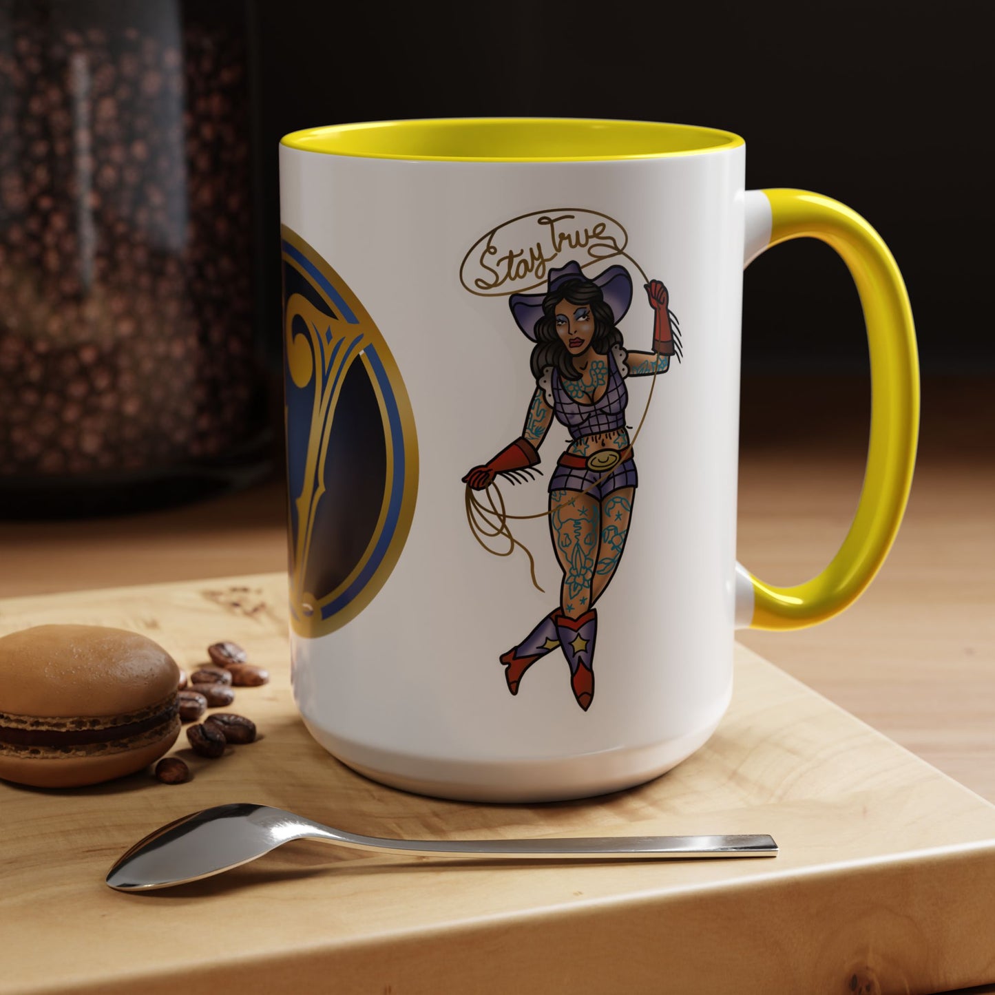 Accent Coffee Mug — Vintage Gold 'V' Monogram & Pin-Up Cowgirl Illustration (11oz/15oz)