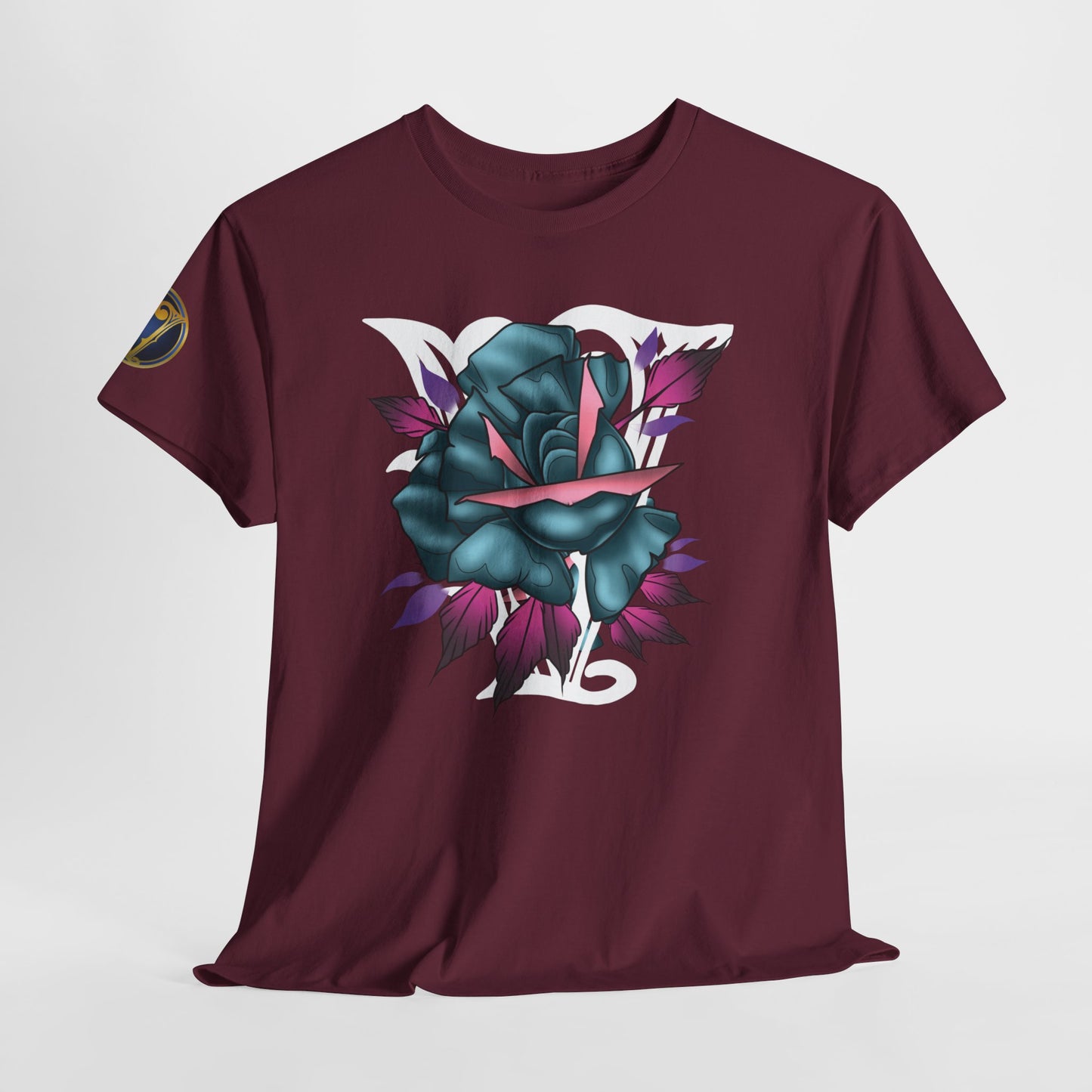 Blue & Pink Rose Graphic Tee — Vintage Floral Tattoo Shirt