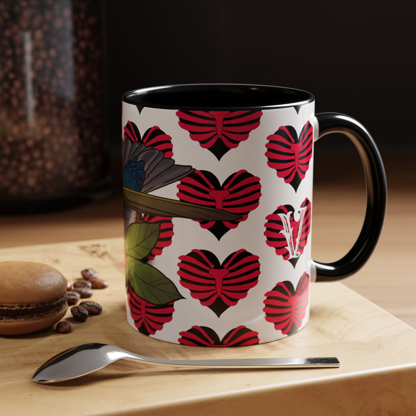 Bird & Hearts Accent Coffee Mug – Colorful Songbird Pattern (11/15oz)