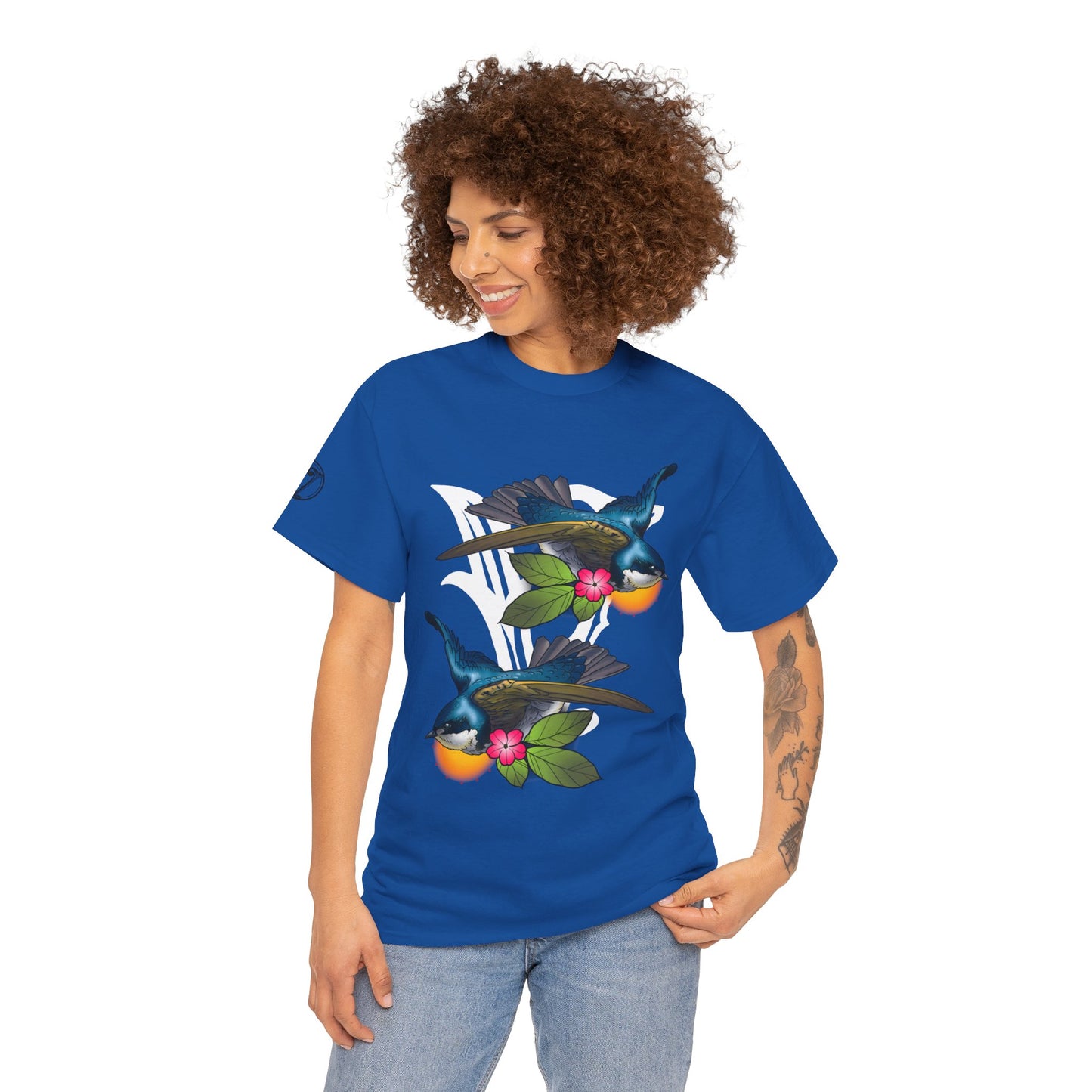 Bird Skull & Swallow Art Tee — Vibrant Blue Bird Illustration T-Shirt