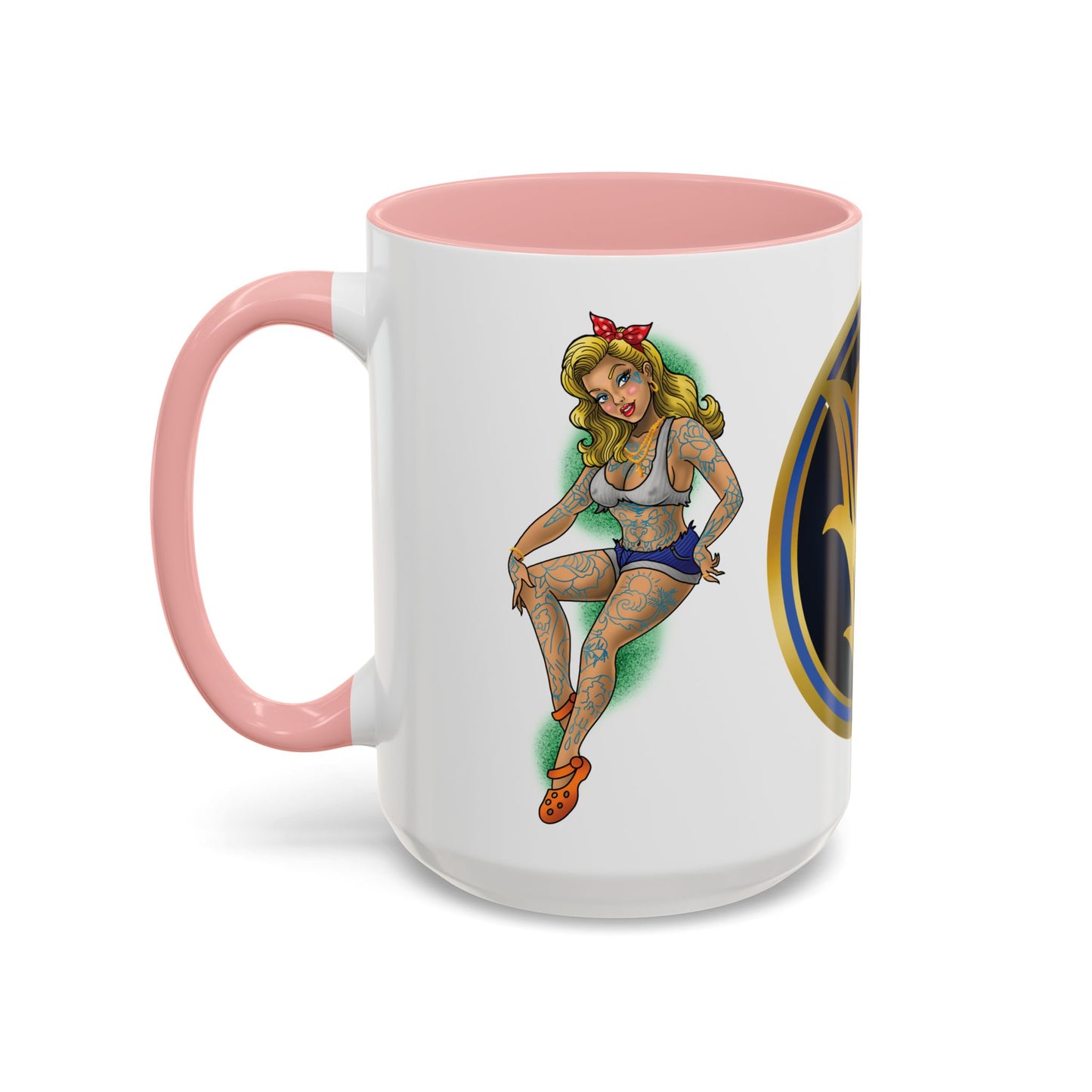 Vintage Pin-Up Coffee Mug with Gold Monogram V — Retro Tattoo Style Accent Mug (11/15oz)