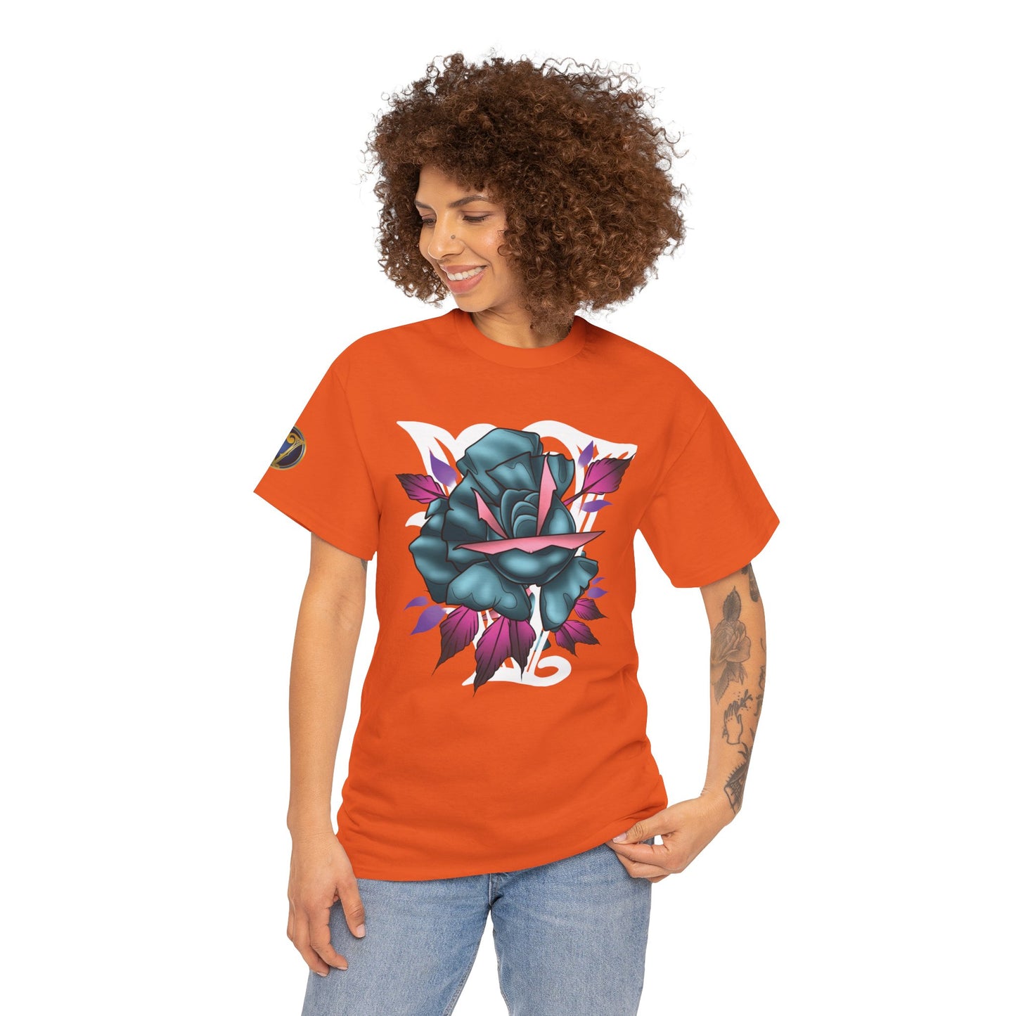 Blue & Pink Rose Graphic Tee — Vintage Floral Tattoo Shirt