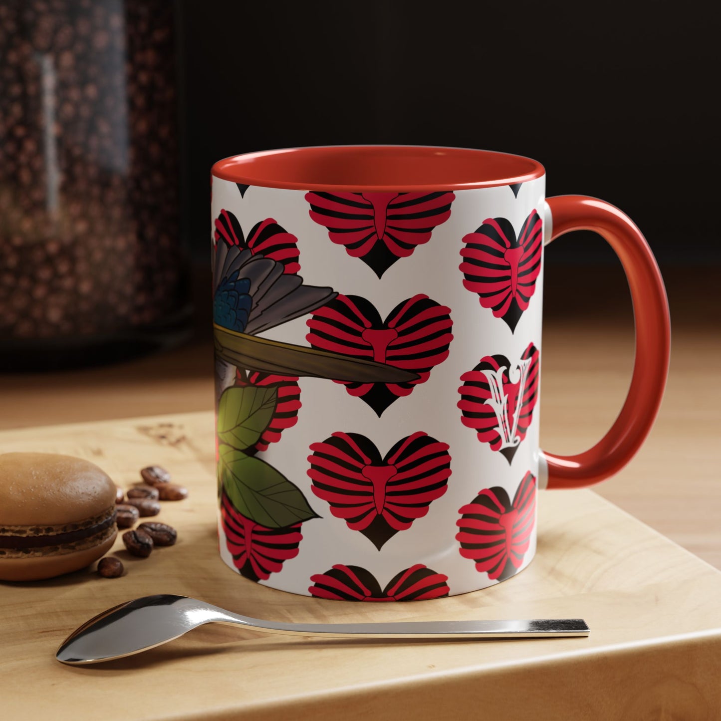 Bird & Hearts Accent Coffee Mug – Colorful Songbird Pattern (11/15oz)