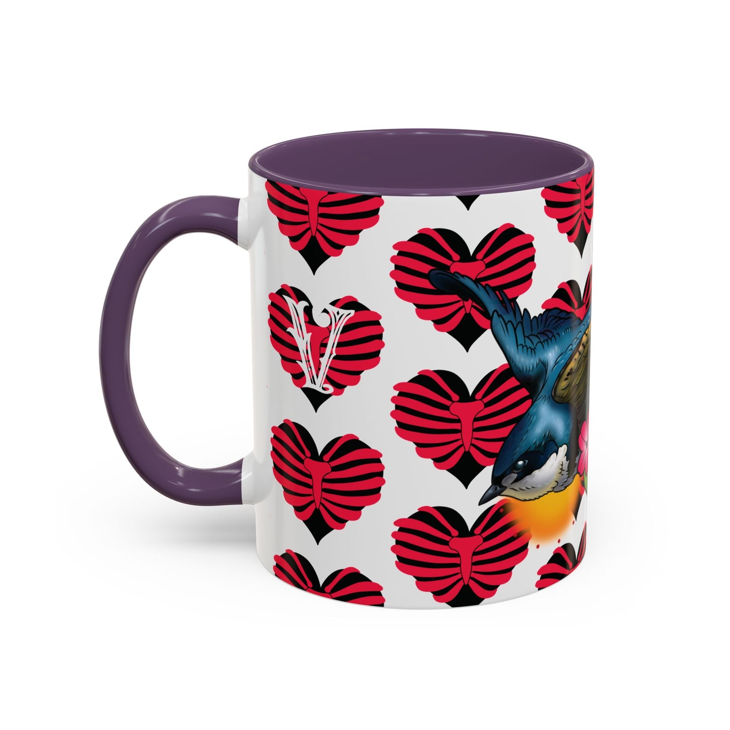Bird & Hearts Accent Coffee Mug – Colorful Songbird Pattern (11/15oz)