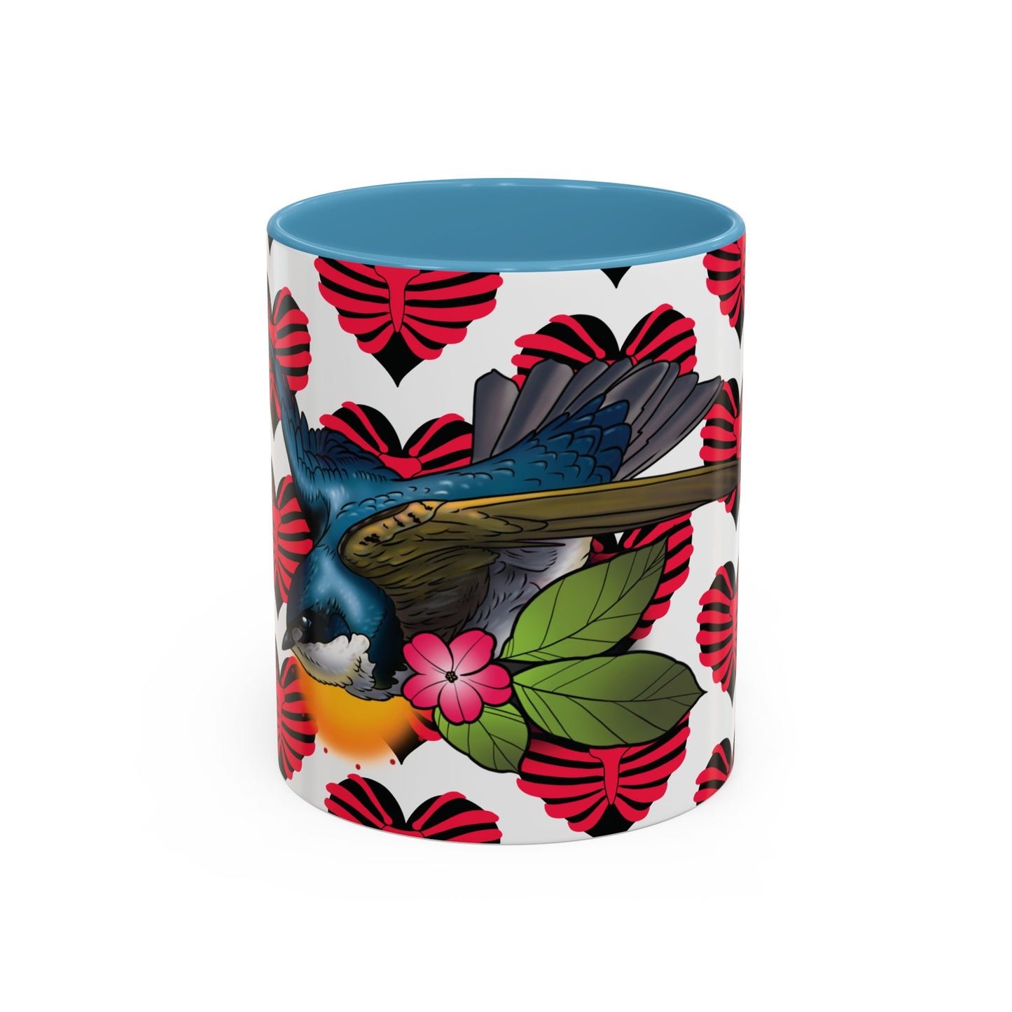 Bird & Hearts Accent Coffee Mug – Colorful Songbird Pattern (11/15oz)