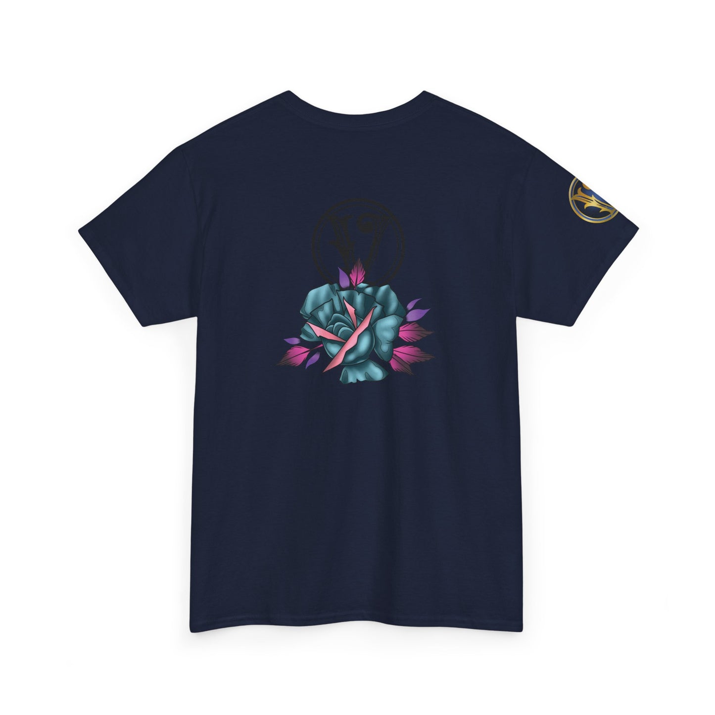 Blue & Pink Rose Graphic Tee — Vintage Floral Tattoo Shirt
