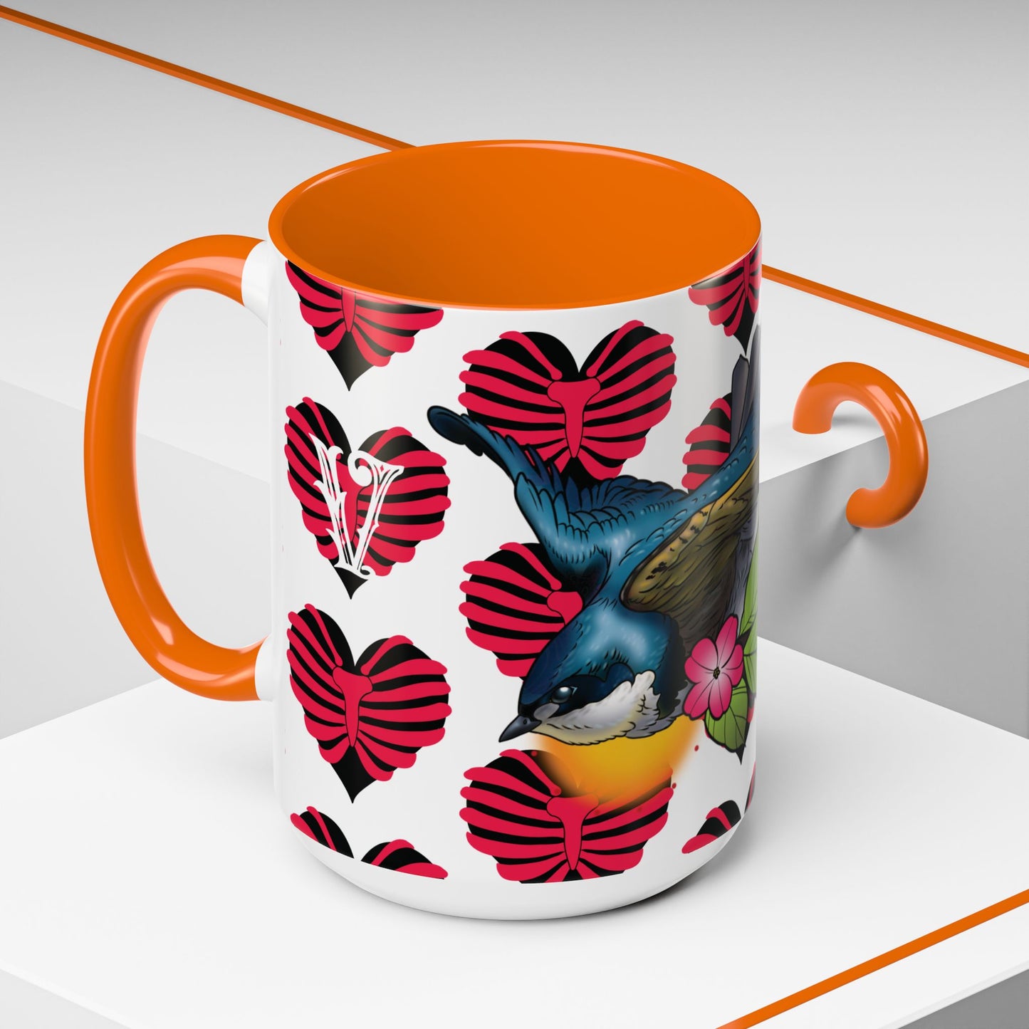 Bird & Hearts Accent Coffee Mug – Colorful Songbird Pattern (11/15oz)