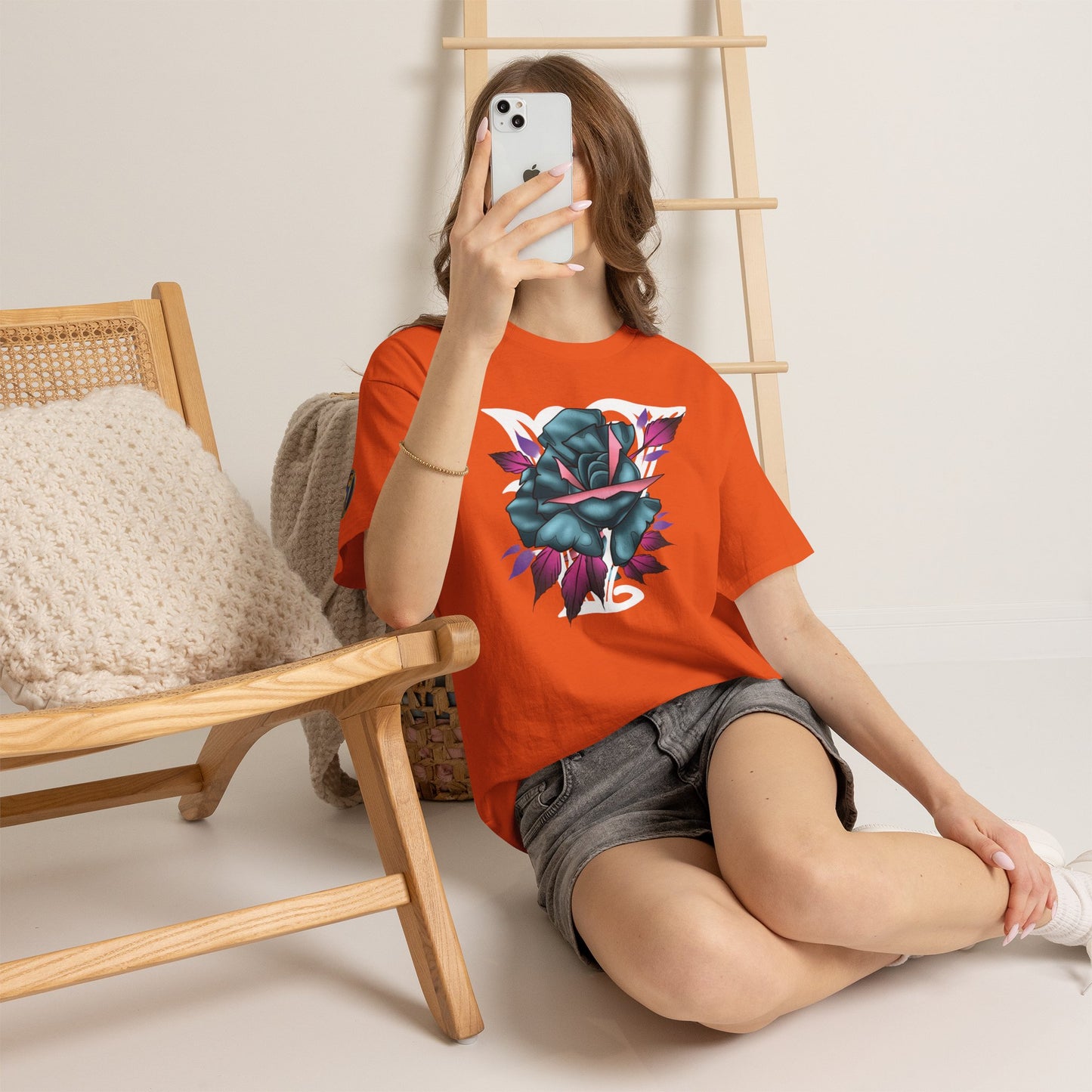 Blue & Pink Rose Graphic Tee — Vintage Floral Tattoo Shirt