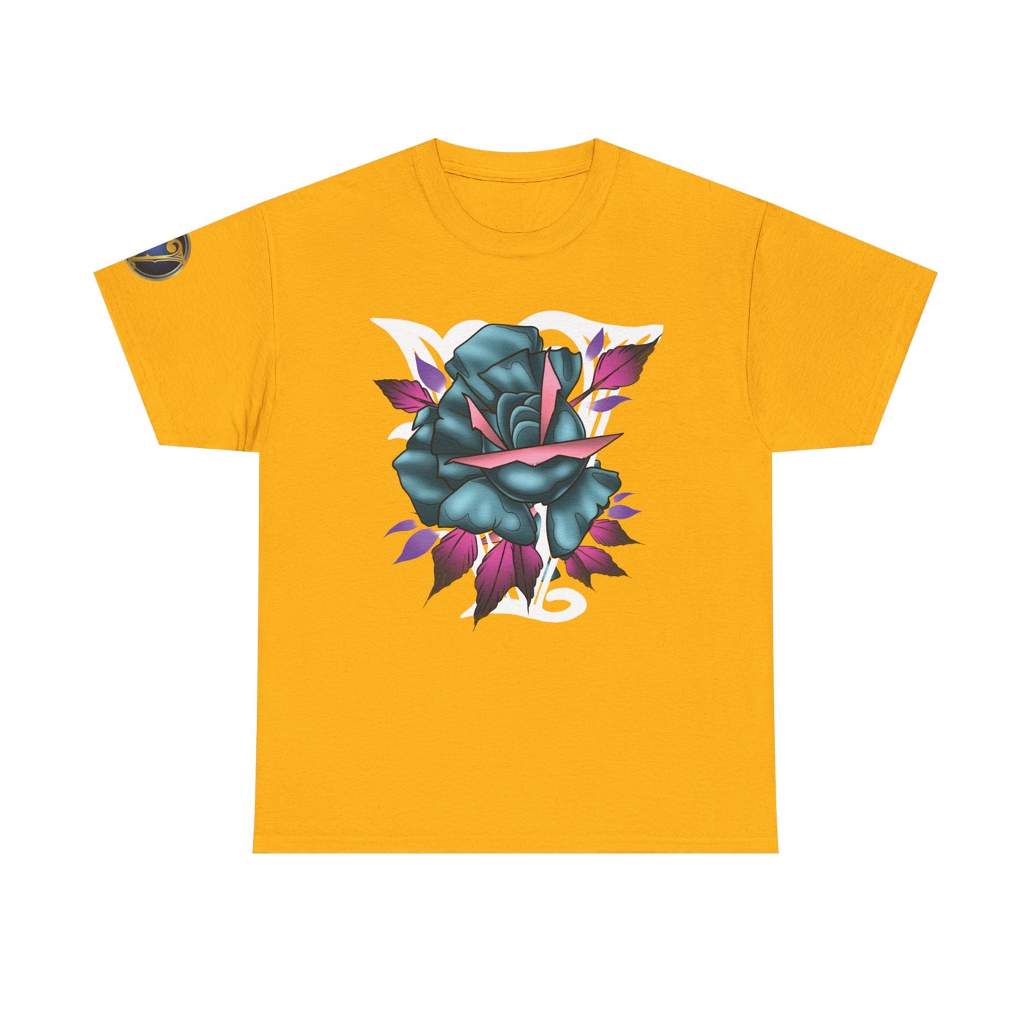 Blue & Pink Rose Graphic Tee — Vintage Floral Tattoo Shirt